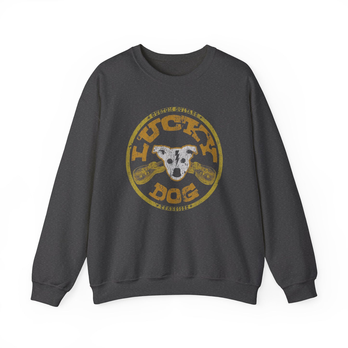 UK Buyers ONLY- Lucky Dog Guitars Dog-Head Logo Sweatshirt - Heavy blend crewneck. Tennessee America Guitar Company Country Music USA