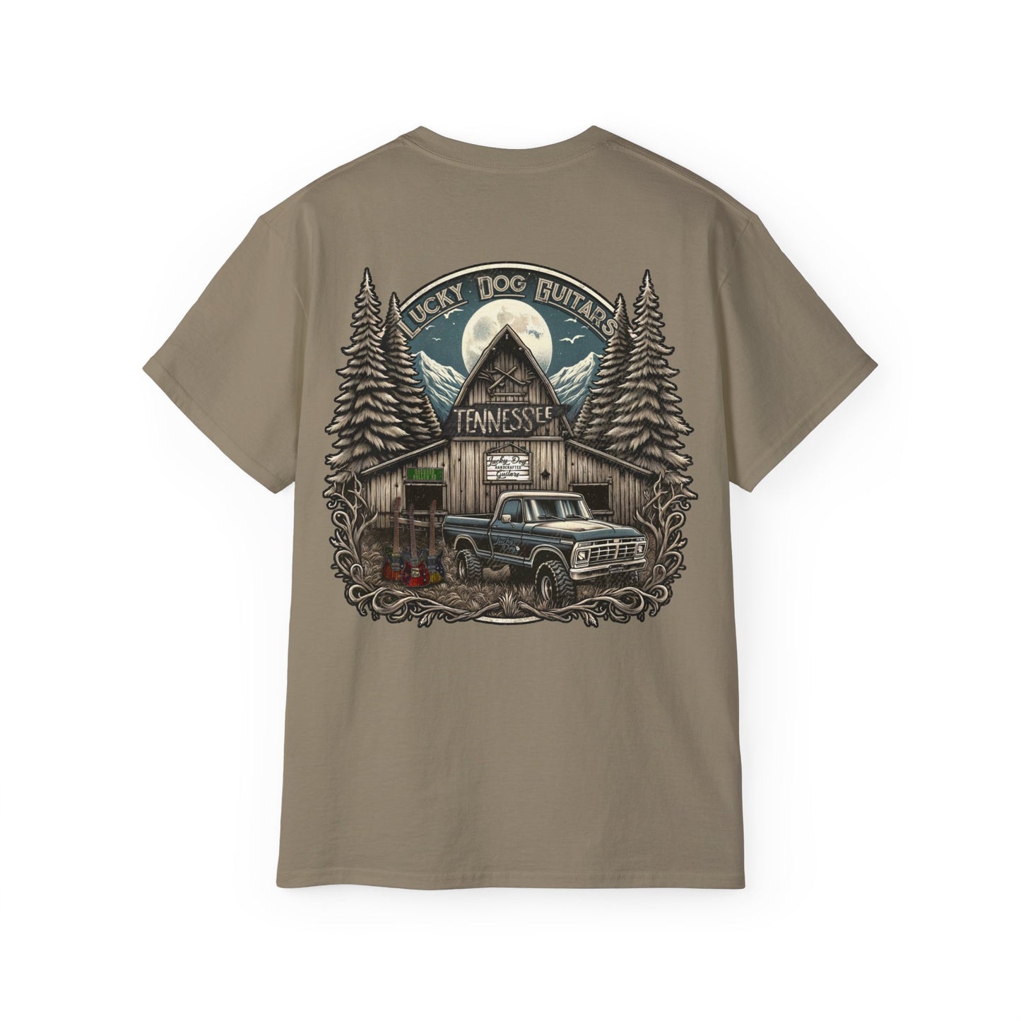 UK buyers only-Lucky Dog Guitars "Barn Built" Tennessee T-shirt Mountain Hollow moon outdoors vintage Ford pickup truck custom guitar