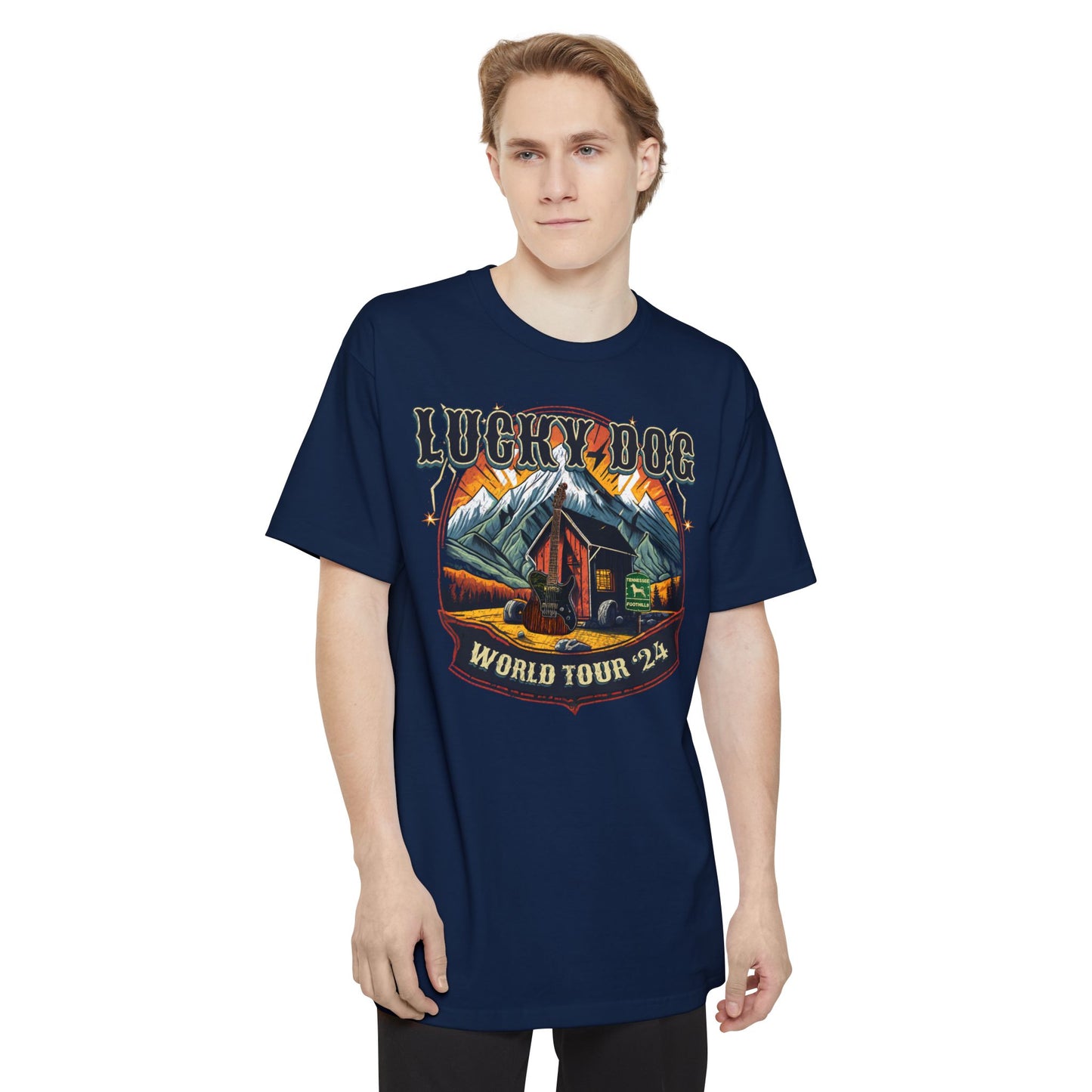 BIG & TALL Lucky Dog World Tour 2024 T-Shirt - Front and Back print 80's Rock Concert Dates Vintage Retro style USA
