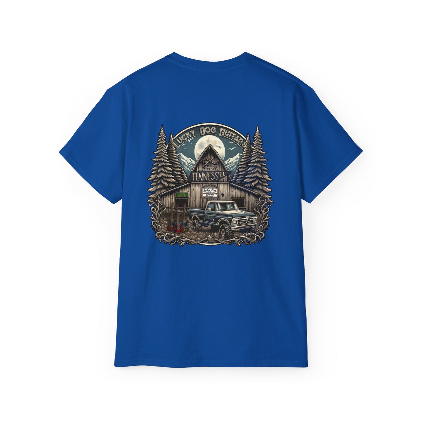 Lucky Dog Guitars "Barn Built" Tennessee T-shirt Mountain Hollow moon outdoors vintage Ford pickup truck custom guitar USA