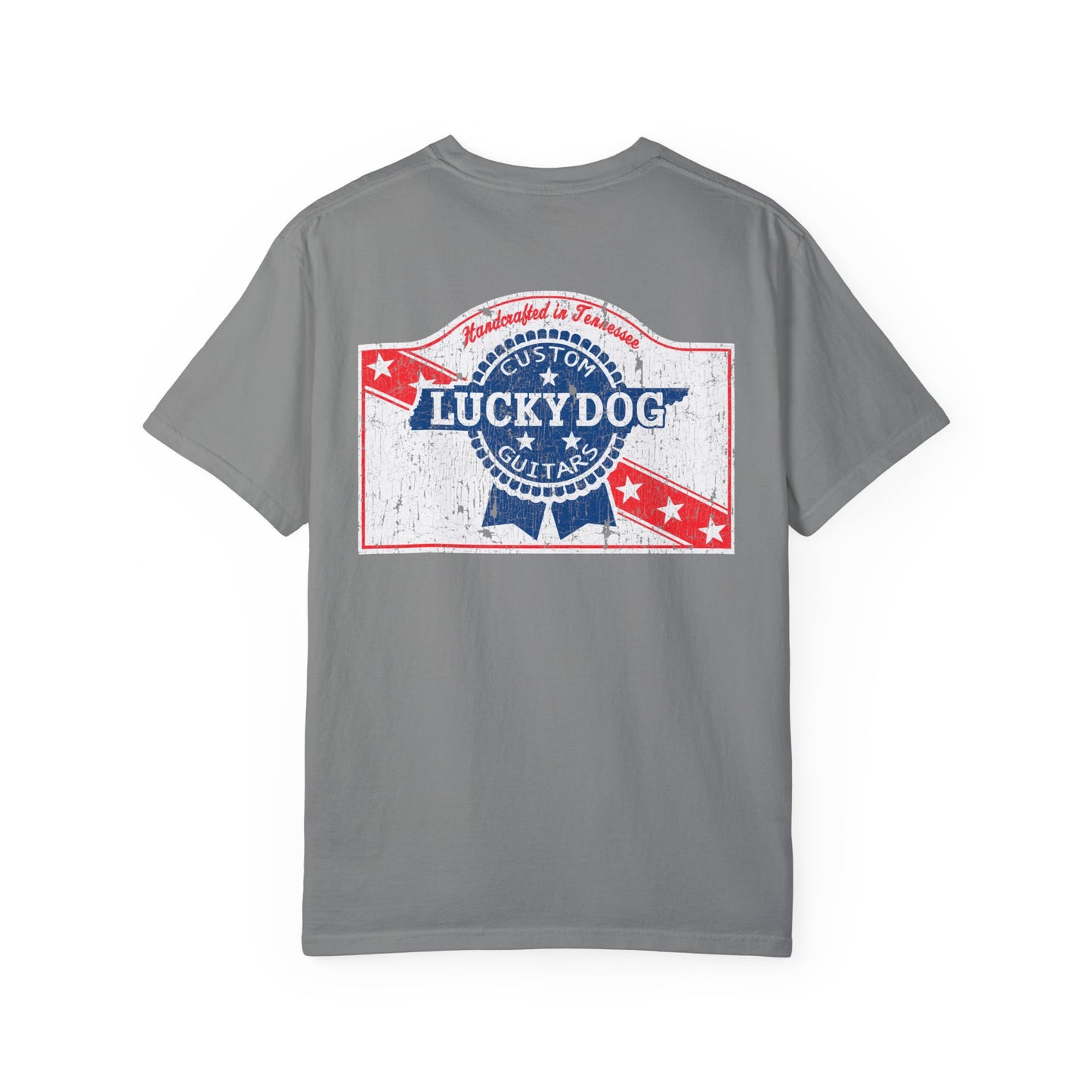 Lucky Dog 2024 Premium Comfort Colors Blue Ribbon Grin Stars Stripes Guitars Rockabilly Honky Tonk T-shirt Tennessee USA
