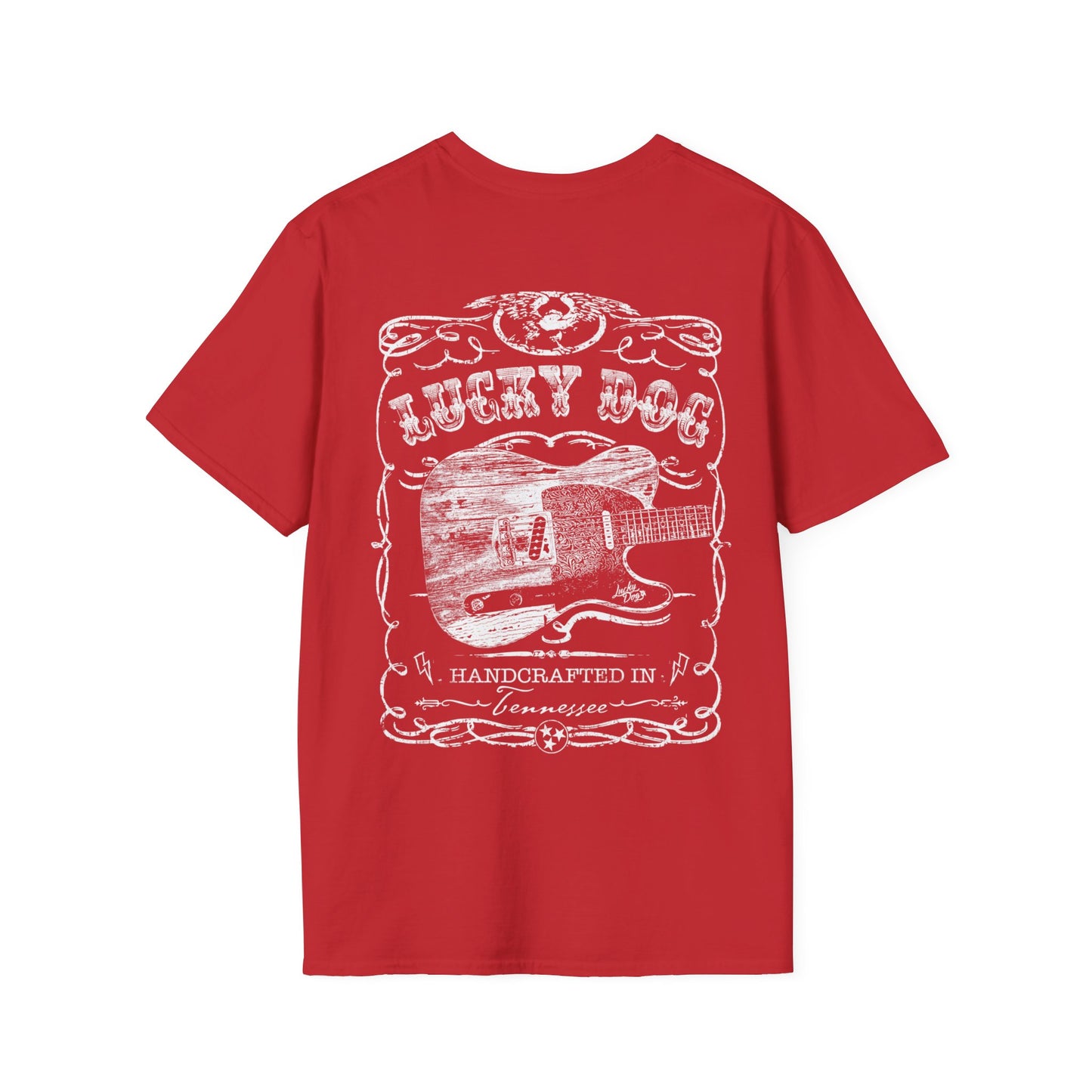 Australia Buyers only - Lucky Dog Custom Guitars Eagle Label T-shirt black Guitar Telecaster Lightning Greaser Rock-n-Roll USA Nashville