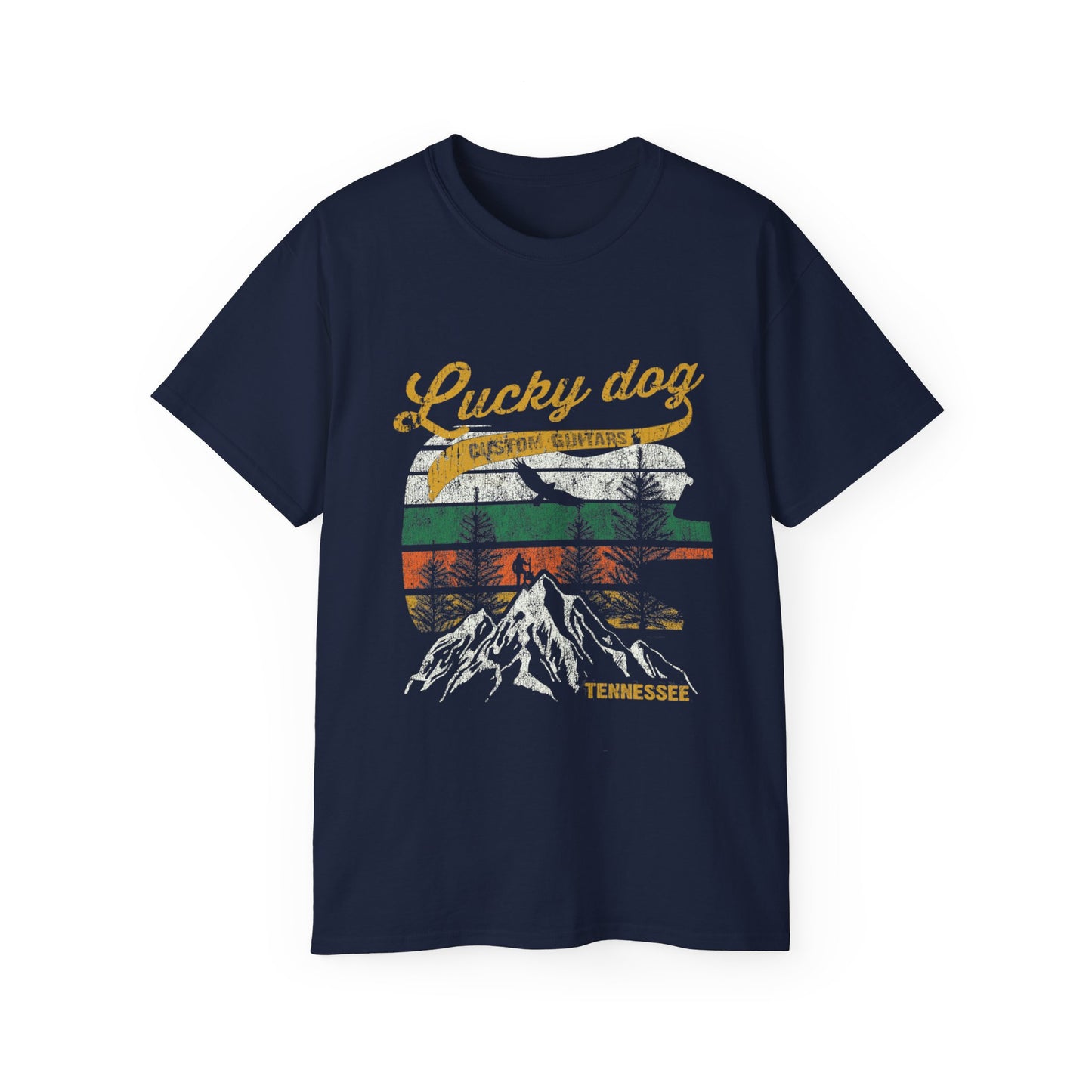 Lucky Dog 2020 (FRONT PRINT) Foothills Mountain Man Guitars Retro T-shirt Custom Guitar Tennessee USA