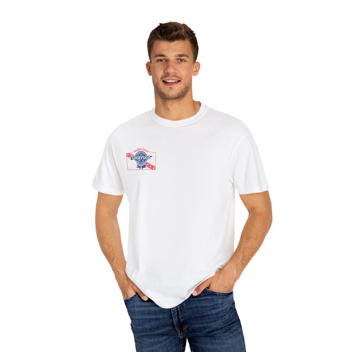 Lucky Dog 2024 Premium Comfort Colors Blue Ribbon Grin Stars Stripes Guitars Rockabilly Honky Tonk T-shirt Tennessee USA