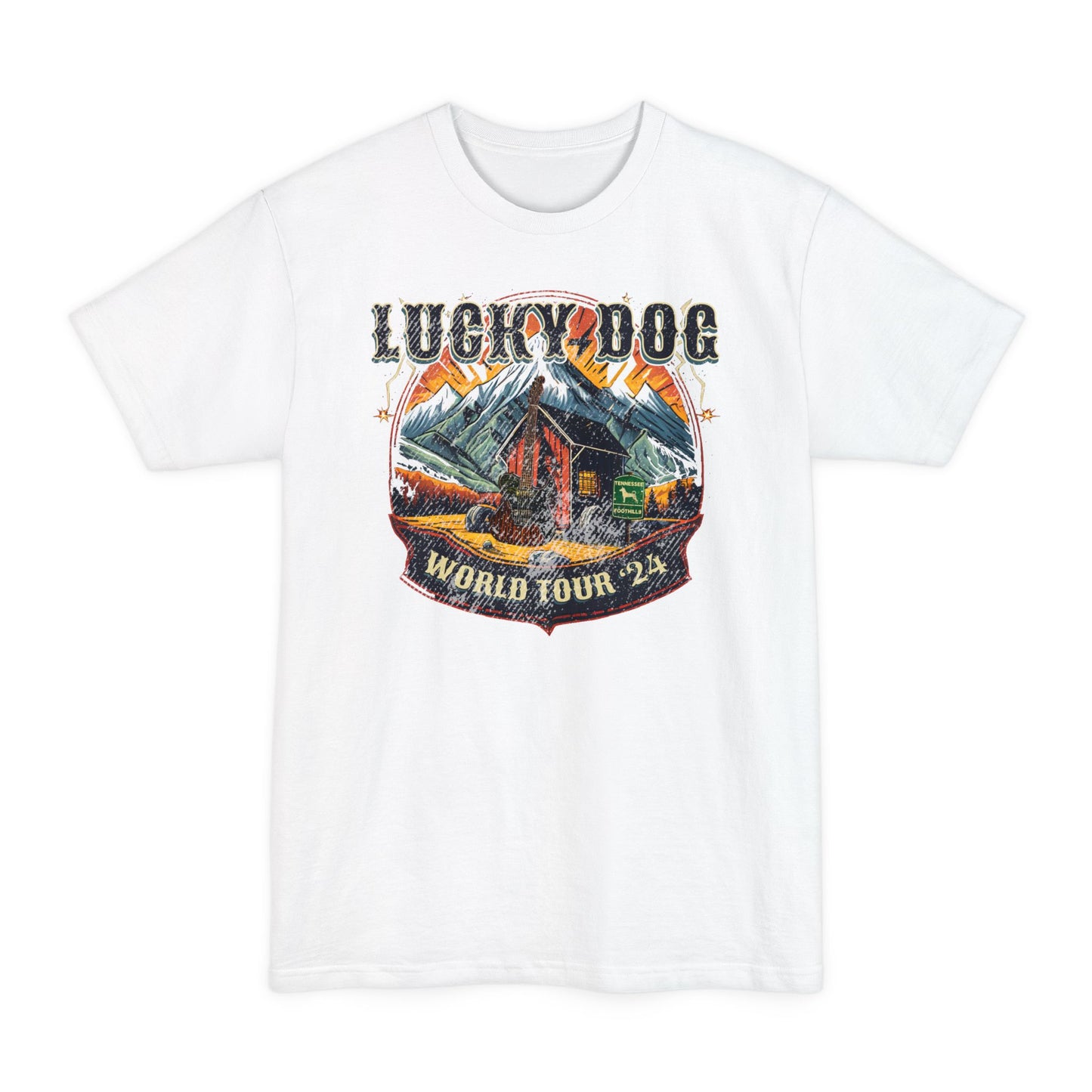 BIG & TALL Lucky Dog World Tour 2024 T-Shirt - Front and Back print 80's Rock Concert Dates Vintage Retro style USA