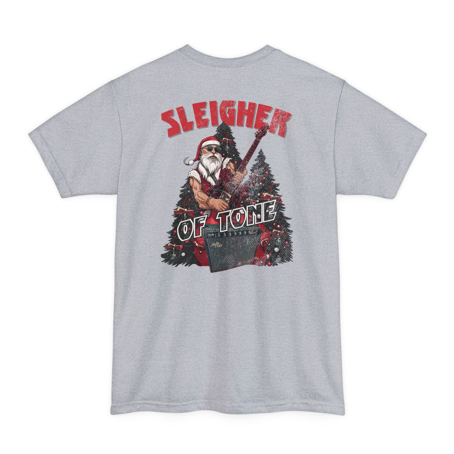 BIG and TALL Lucky Dog Sleigher of Tone (front and back print) T-shirt Guitar Tennessee guitars Santa Rock Roll Christmas XXL 3XL 4XL USA