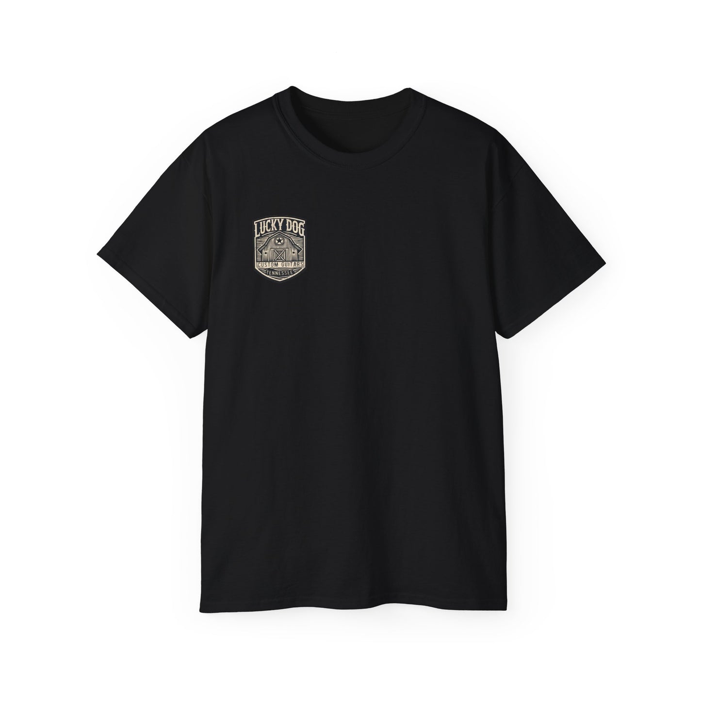 Lucky Dog Guitars "Barn Built" Tennessee T-shirt Mountain Hollow moon outdoors vintage Ford pickup truck custom guitar USA