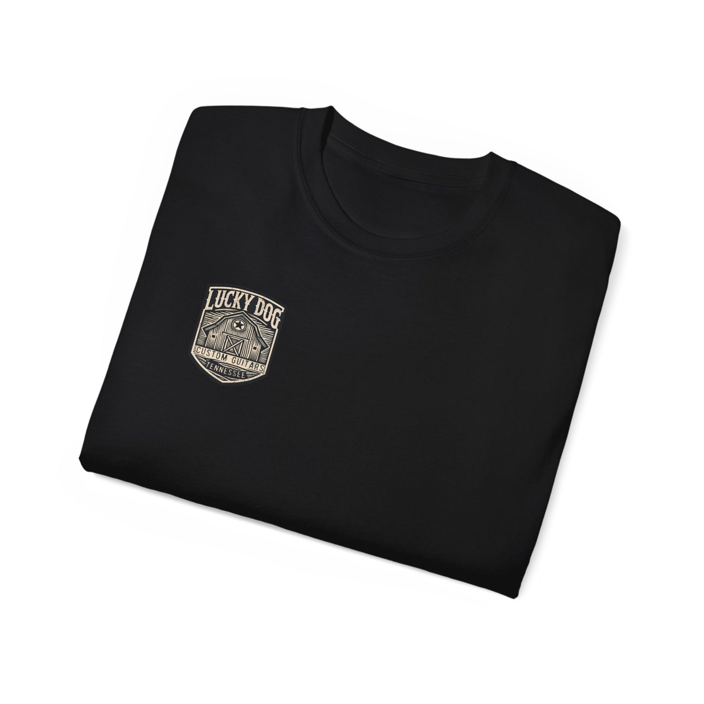 Lucky Dog Guitars "Barn Built" Tennessee T-shirt Mountain Hollow moon outdoors vintage Ford pickup truck custom guitar USA
