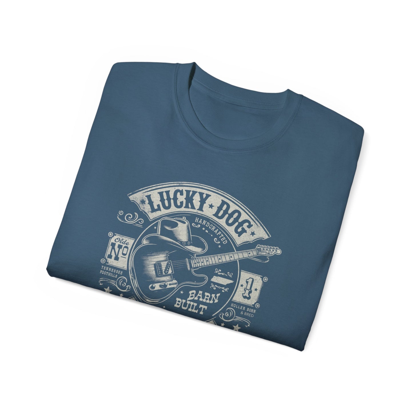 Lucky Dog Guitars - Barn Built Holler Born Bred Country music Tennessee T-shirt Mountain Charger vintage Outlaw Guitars Waylon USA