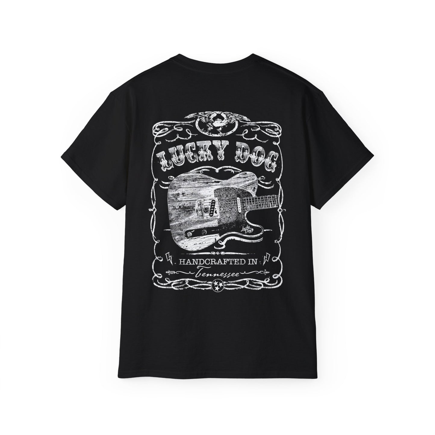 UK Buyers only - Lucky Dog Custom Guitars Eagle Label T-shirt black Guitar Telecaster Lightning Greaser Rock-n-Roll flag USA Nashville