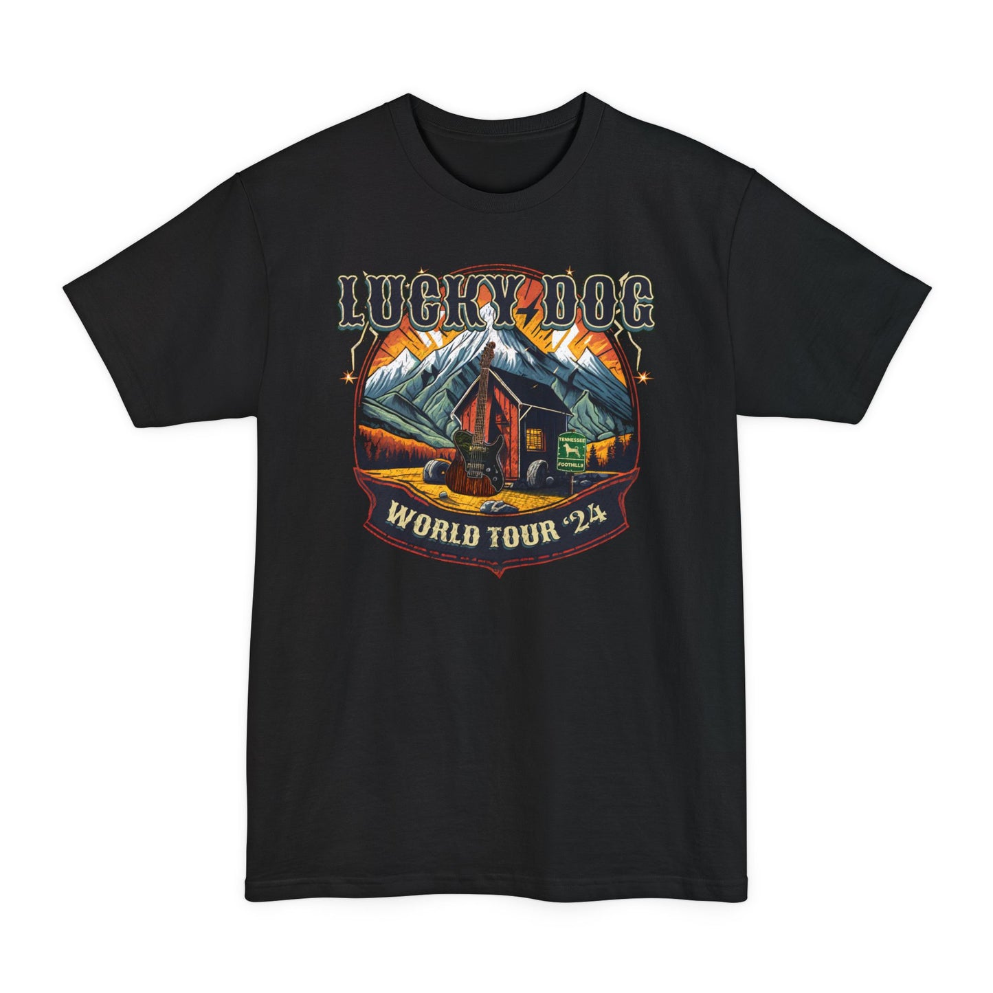 BIG & TALL Lucky Dog World Tour 2024 T-Shirt - Front and Back print 80's Rock Concert Dates Vintage Retro style USA