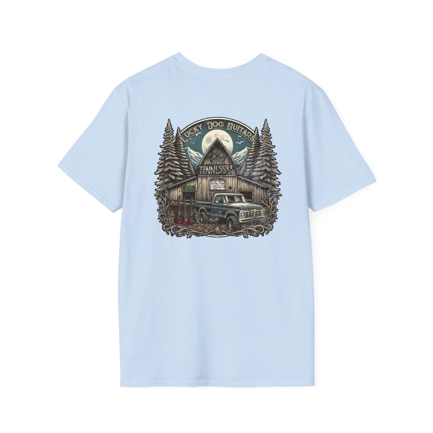 Canada buyers only-Lucky Dog Guitars "Barn Built" Tennessee T-shirt Mountain Hollow moon outdoors vintage Ford pickup truck custom guitar