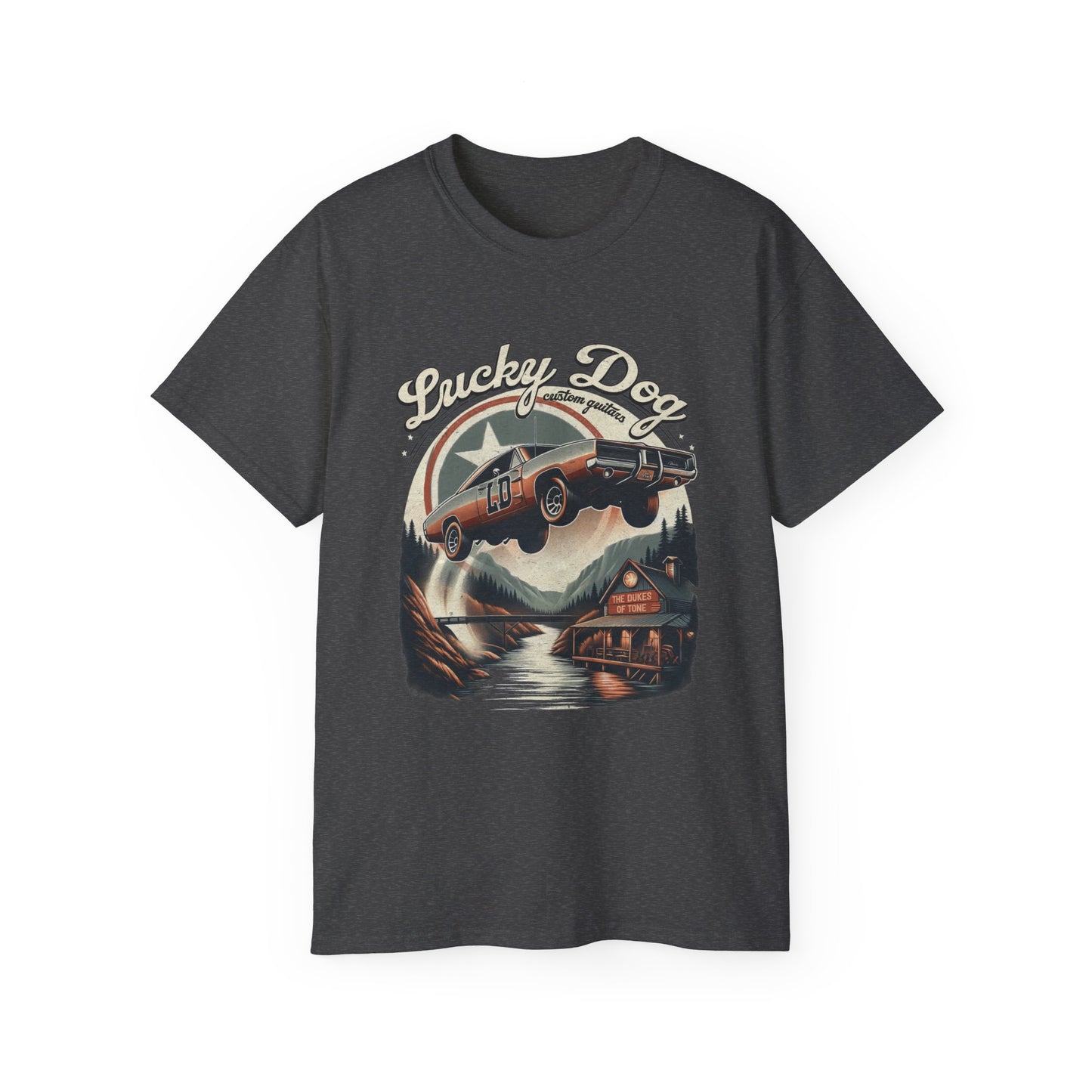 Lucky Dog Guitars - Dukes of Tone - Country music Tennessee T-shirt Mountain Charger vintage General Lee truck guitar hotrod Waylon USA