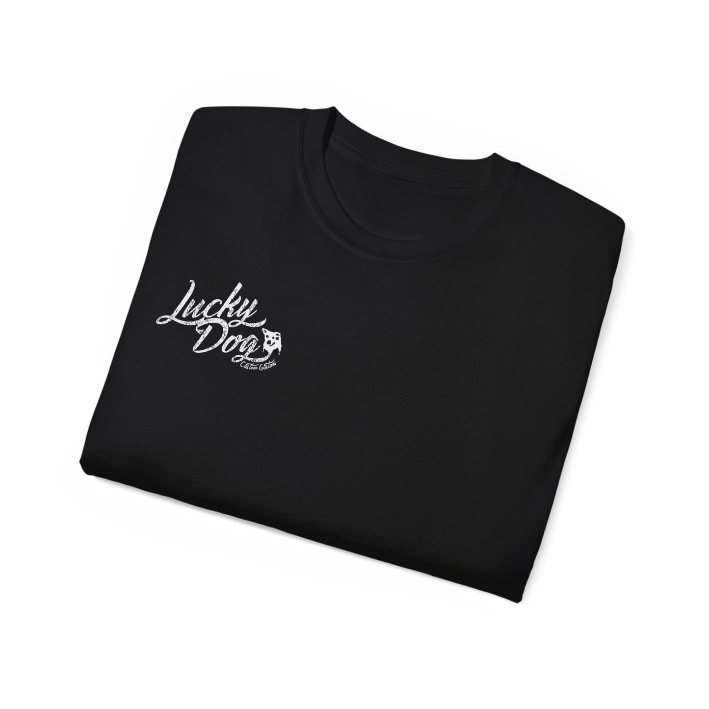 UK Buyers only - Lucky Dog Custom Guitars Eagle Label T-shirt black Guitar Telecaster Lightning Greaser Rock-n-Roll flag USA Nashville