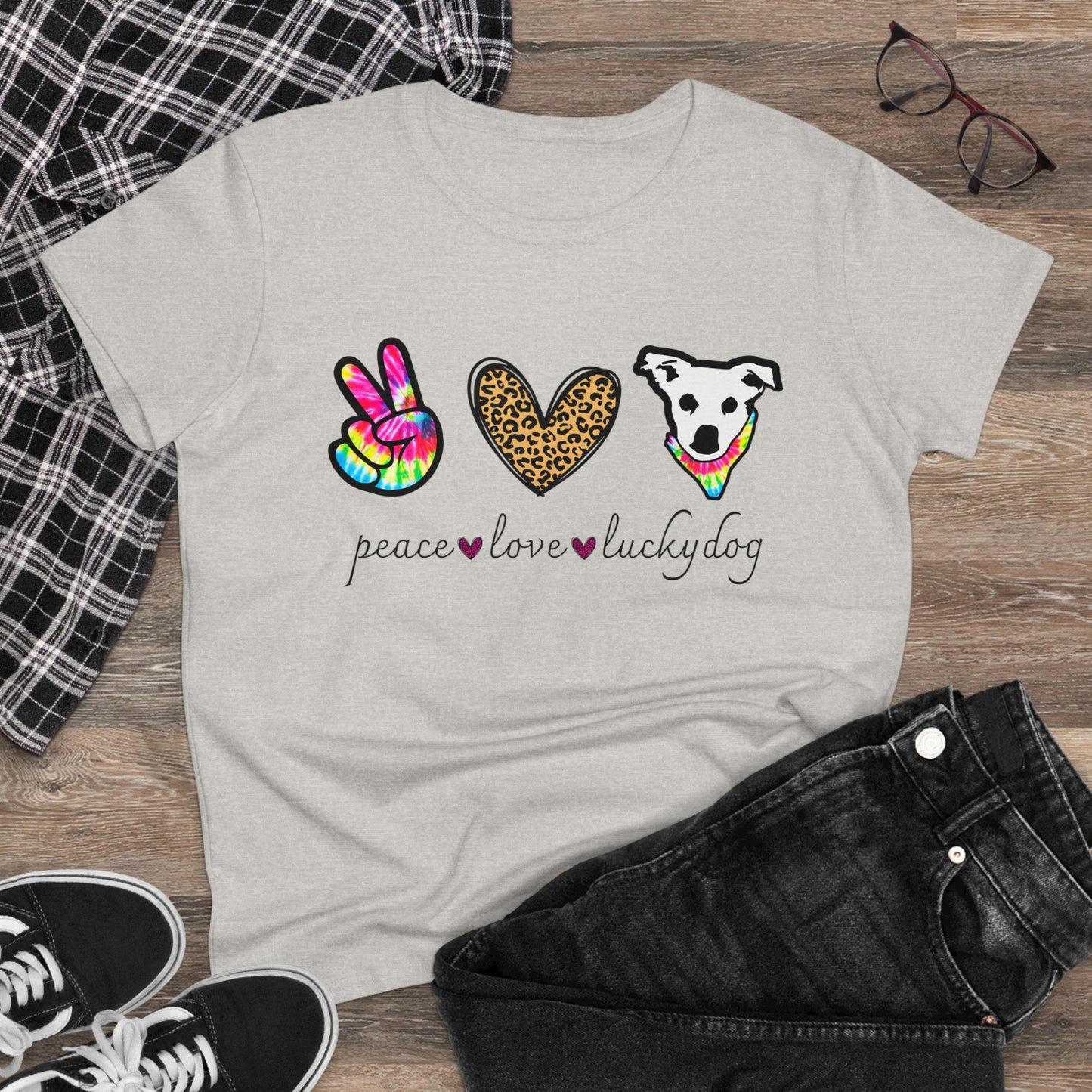 Lucky Dog Guitars - Ladies T - Peace Love & Lucky Dog - Girls Womens Cut Semi-Fitted T-shirt Tee USA