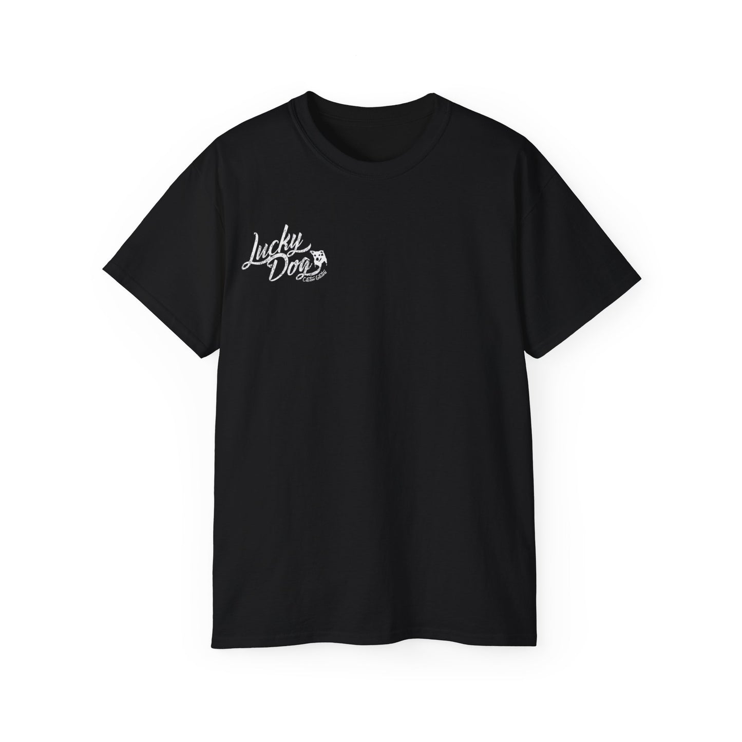 UK Buyers only - Lucky Dog Custom Guitars Eagle Label T-shirt black Guitar Telecaster Lightning Greaser Rock-n-Roll flag USA Nashville