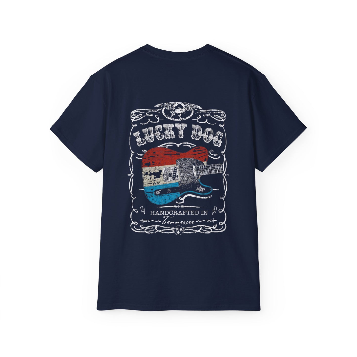 Lucky Dog Guitars (BACK print + Pocket logo) Red White Blue T-shirt Whiskey Label Style Retro Vintage Merica Nashville Guitar Pedal Amp USA