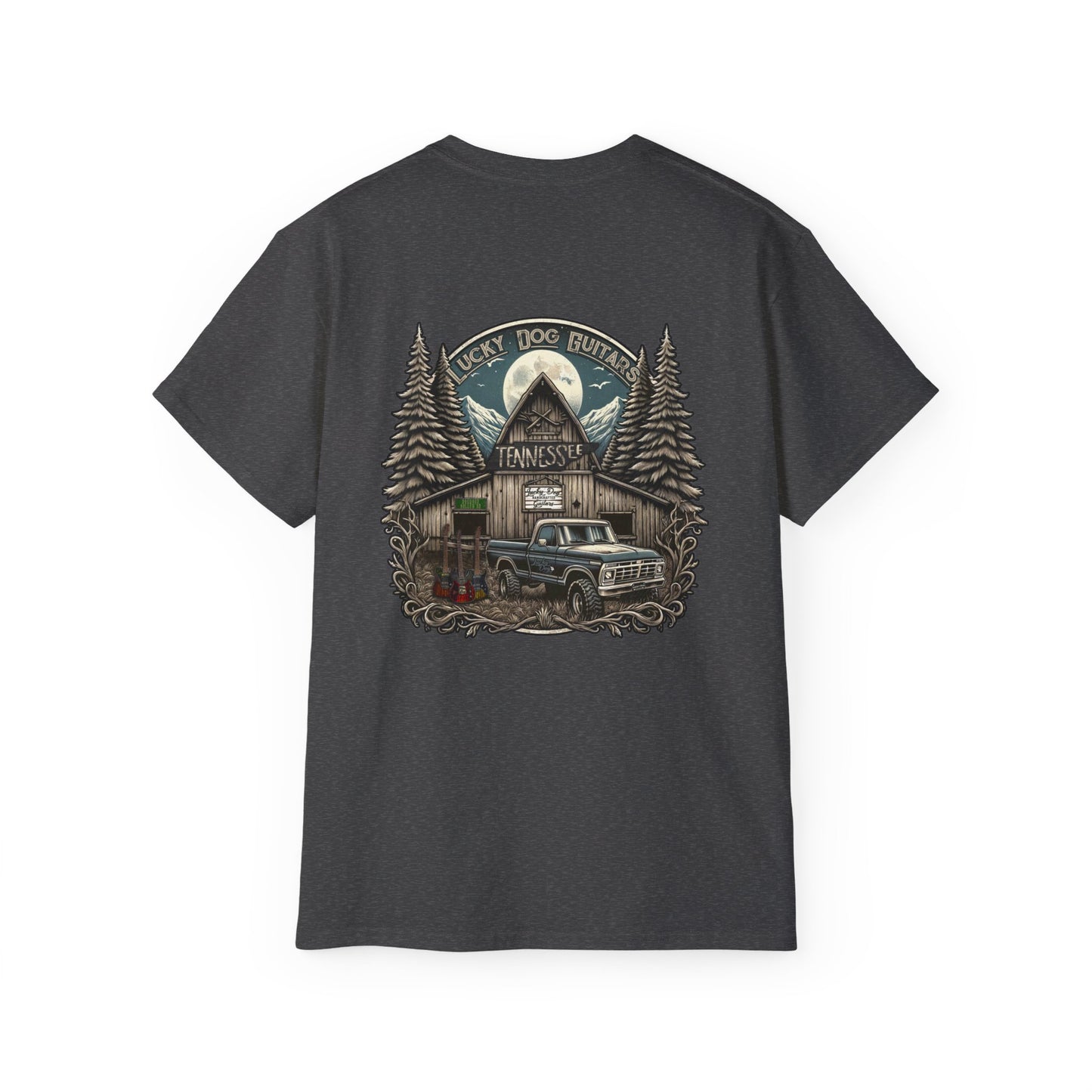 Lucky Dog Guitars "Barn Built" Tennessee T-shirt Mountain Hollow moon outdoors vintage Ford pickup truck custom guitar USA