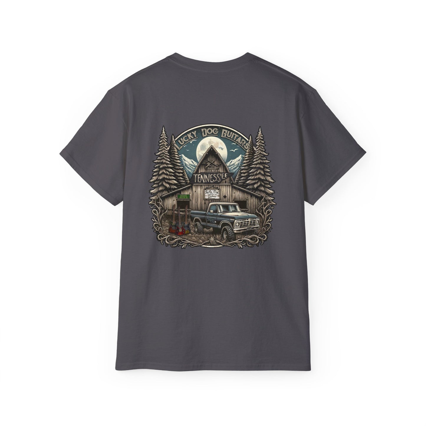 Lucky Dog Guitars "Barn Built" Tennessee T-shirt Mountain Hollow moon outdoors vintage Ford pickup truck custom guitar USA