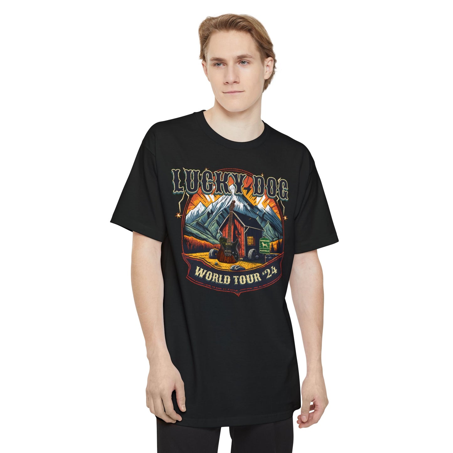 BIG & TALL Lucky Dog World Tour 2024 T-Shirt - Front and Back print 80's Rock Concert Dates Vintage Retro style USA