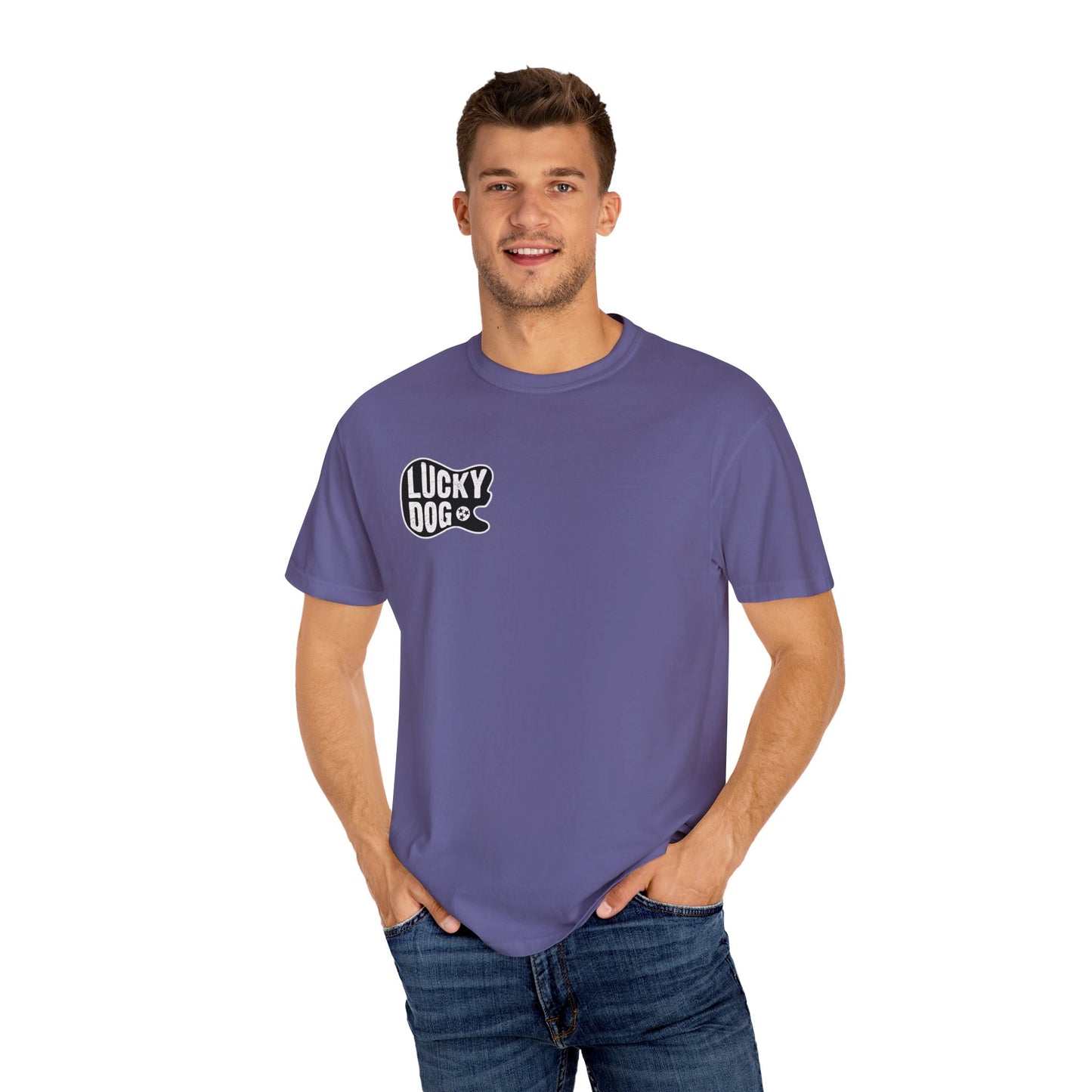 PREMIUM Comfort Colors Lucky Dog Guitars Just'a Twangin T-shirt Tennessee Custom Band Foothills Country Music BigFoot Bluegrass USA