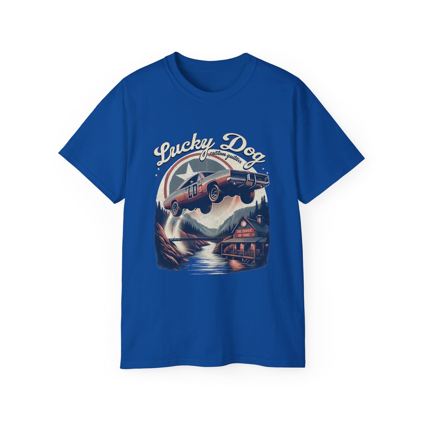 Lucky Dog Guitars - Dukes of Tone - Country music Tennessee T-shirt Mountain Charger vintage General Lee truck guitar hotrod Waylon USA
