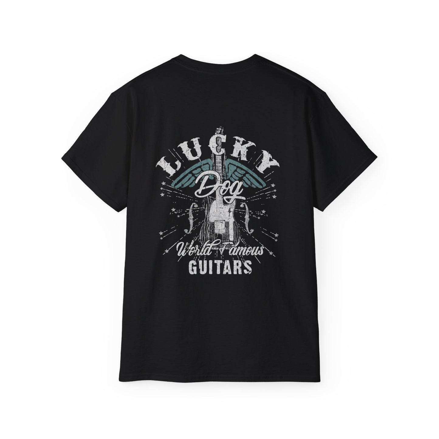 Lucky Dog Guitars (BACK print + Pocket logo) T-shirt Mississippi Blues Guitar Retro Vintage Merica Nashville Guitar Pedal Amp USA
