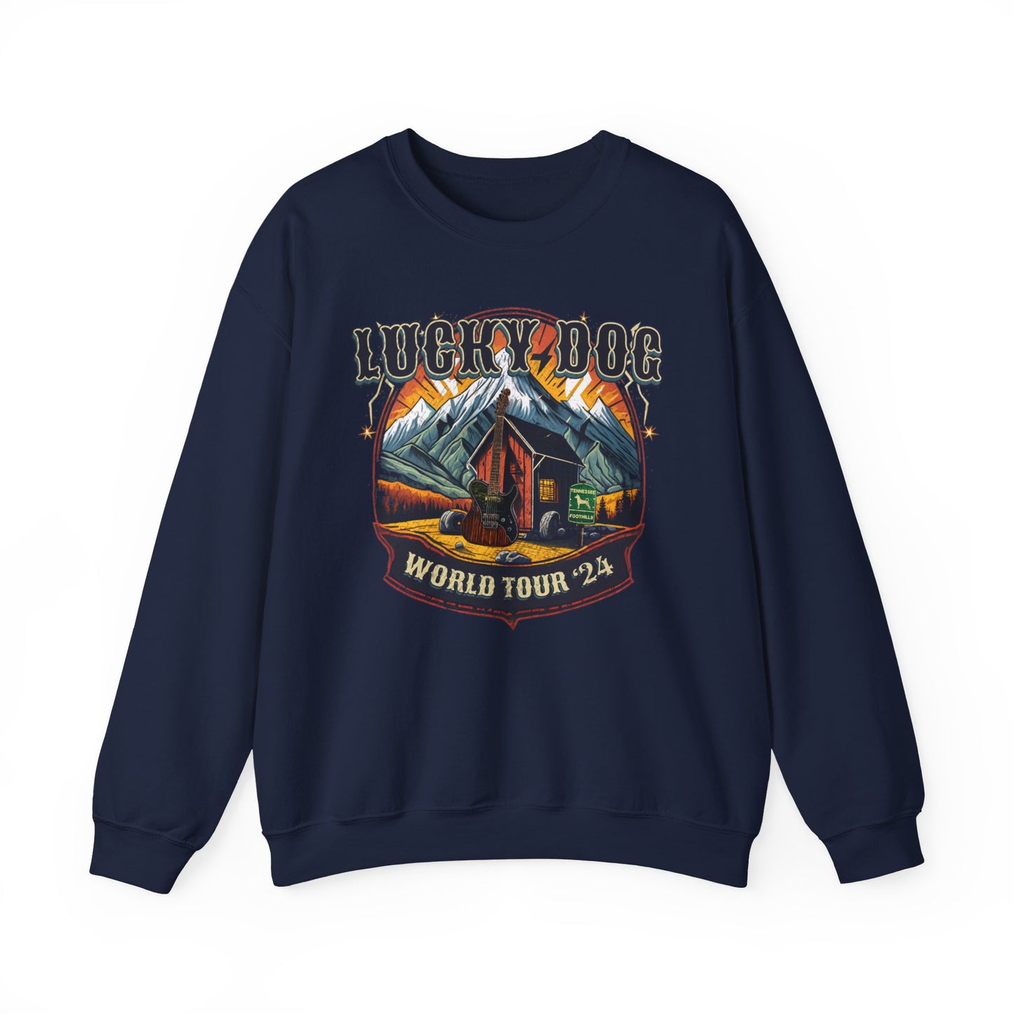 Lucky Dog Guitars Dog Sweatshirt "World Tour 2024" - Heavy blend crewneck. Tennessee America Guitar Company Country Music USA