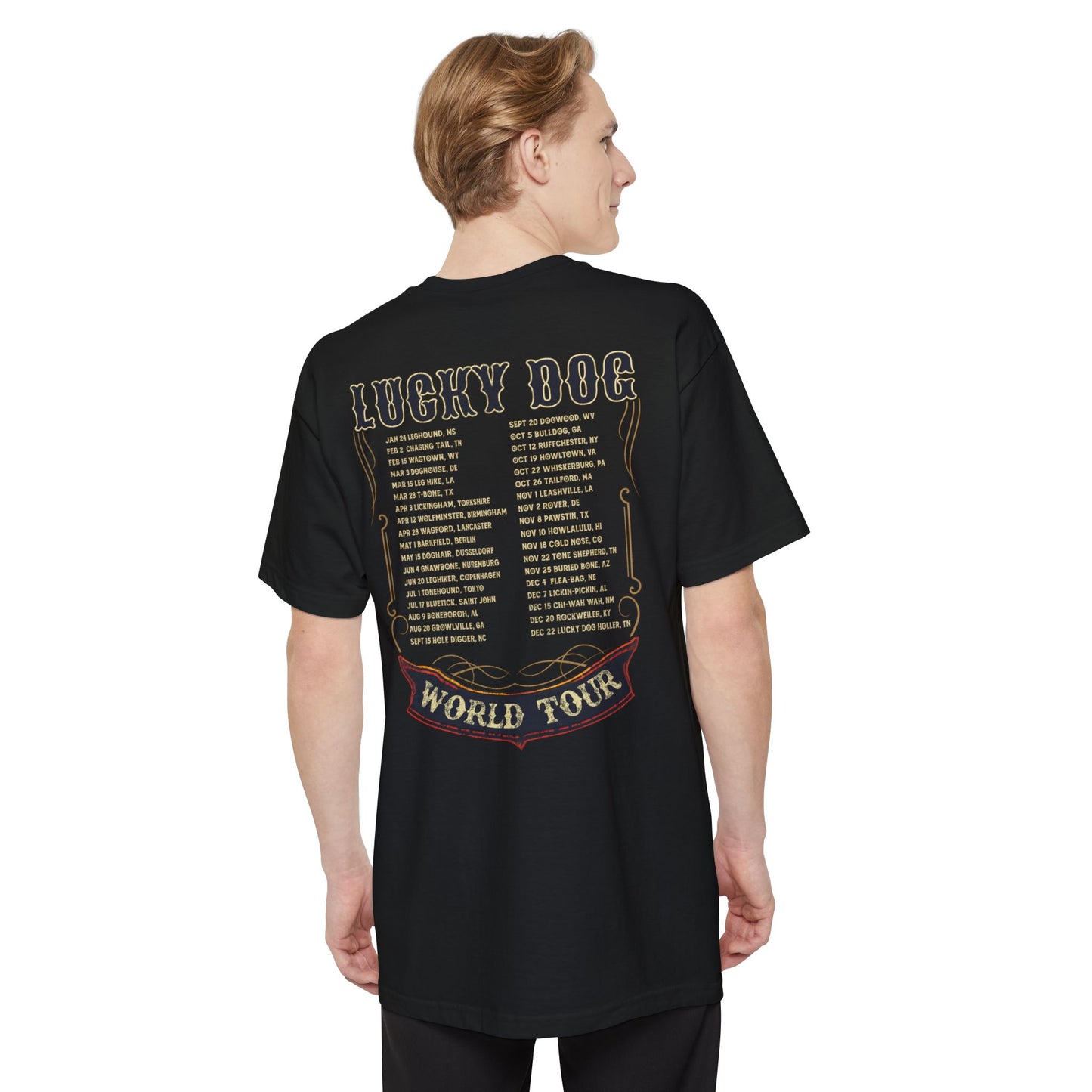 BIG & TALL Lucky Dog World Tour 2024 T-Shirt - Front and Back print 80's Rock Concert Dates Vintage Retro style USA