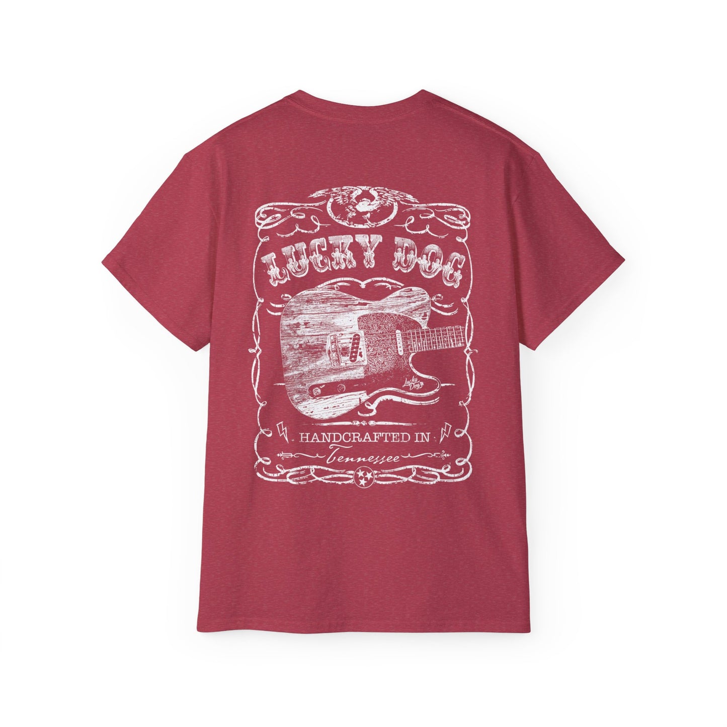 UK Buyers only - Lucky Dog Custom Guitars Eagle Label T-shirt black Guitar Telecaster Lightning Greaser Rock-n-Roll flag USA Nashville