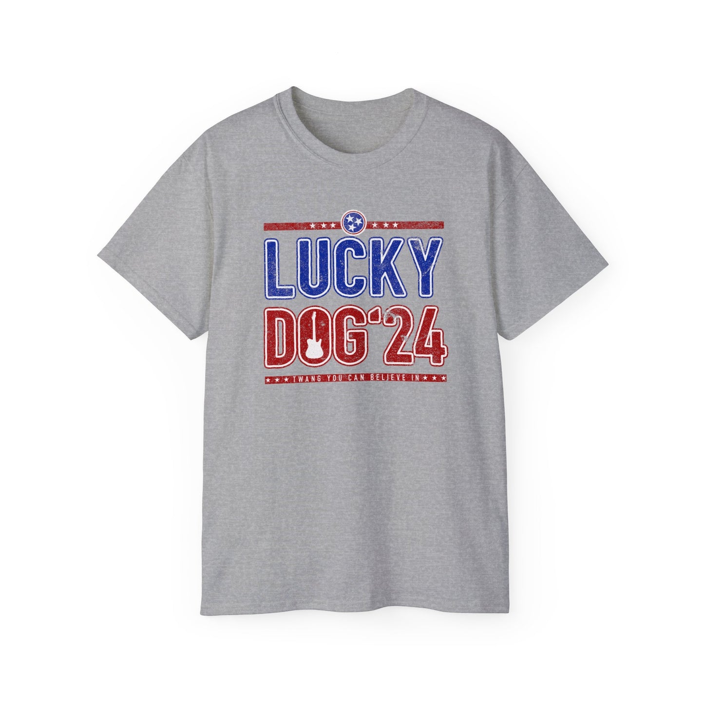 Lucky Dog Guitars 2024 (front) Twang You Can Believe In T-shirt Tennessee Custom Band Country Music Nature Election Big Foot Bluegrass USA