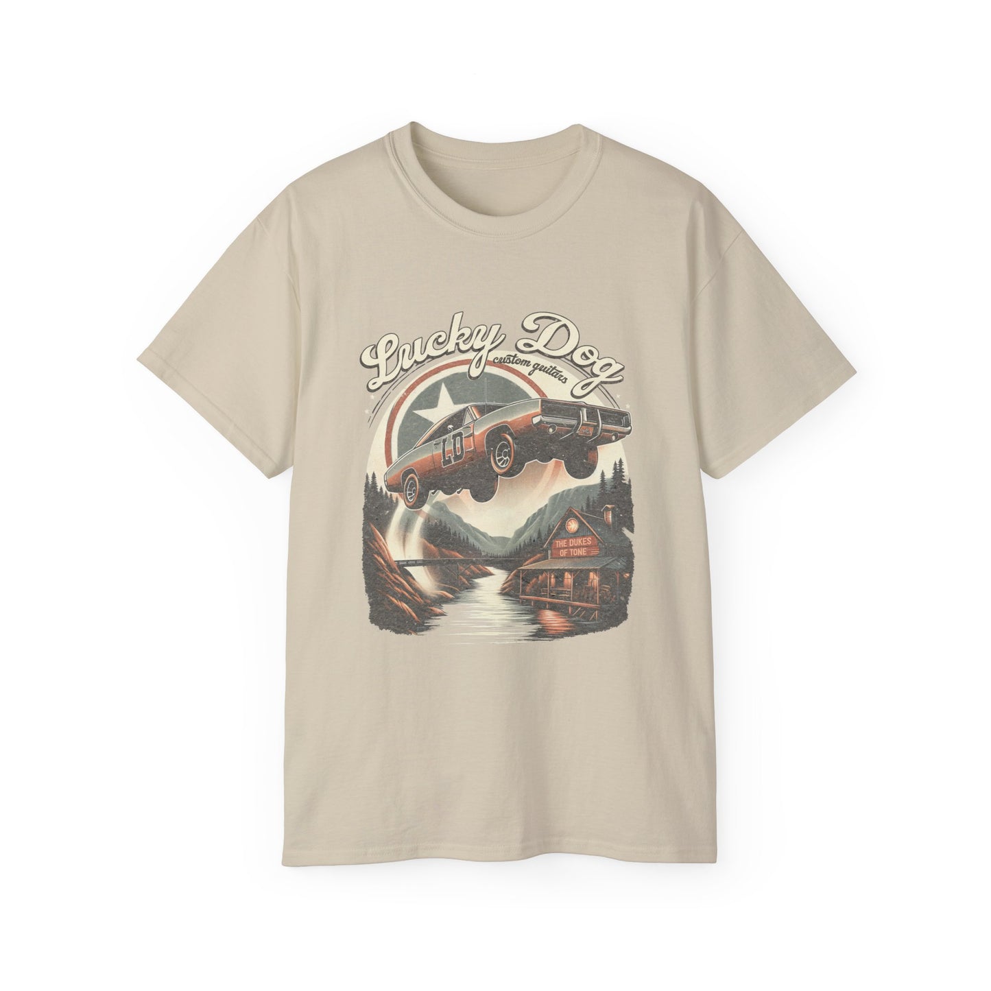Lucky Dog Guitars - Dukes of Tone - Country music Tennessee T-shirt Mountain Charger vintage General Lee truck guitar hotrod Waylon USA