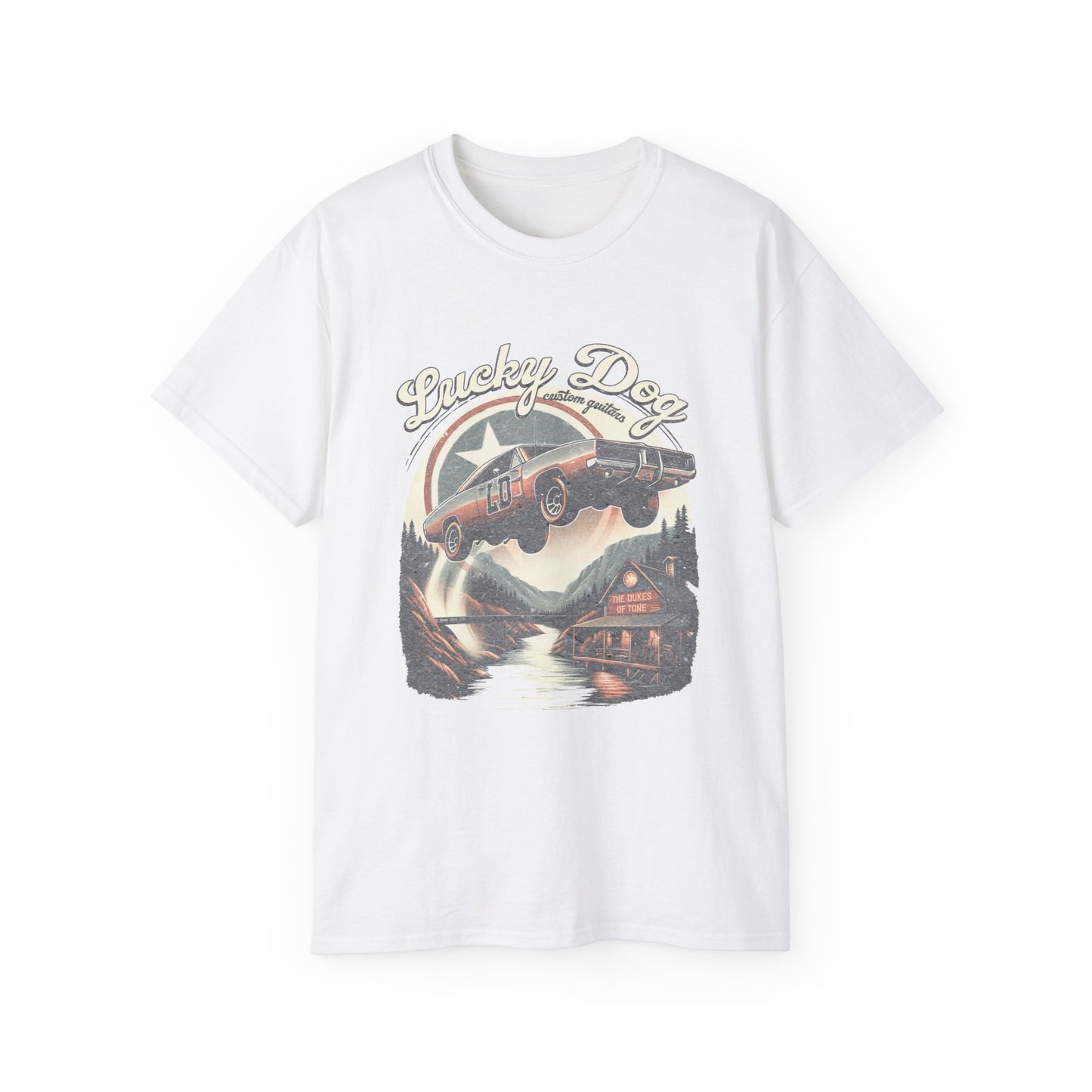 Lucky Dog Guitars - Dukes of Tone - Country music Tennessee T-shirt Mountain Charger vintage General Lee truck guitar hotrod Waylon USA