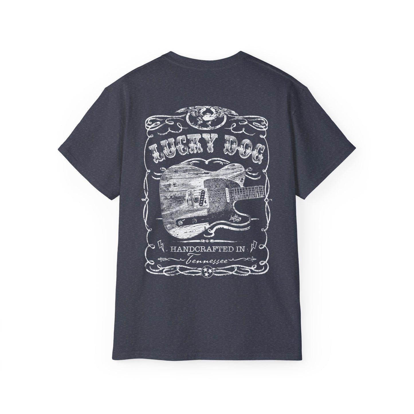 UK Buyers only - Lucky Dog Custom Guitars Eagle Label T-shirt black Guitar Telecaster Lightning Greaser Rock-n-Roll flag USA Nashville