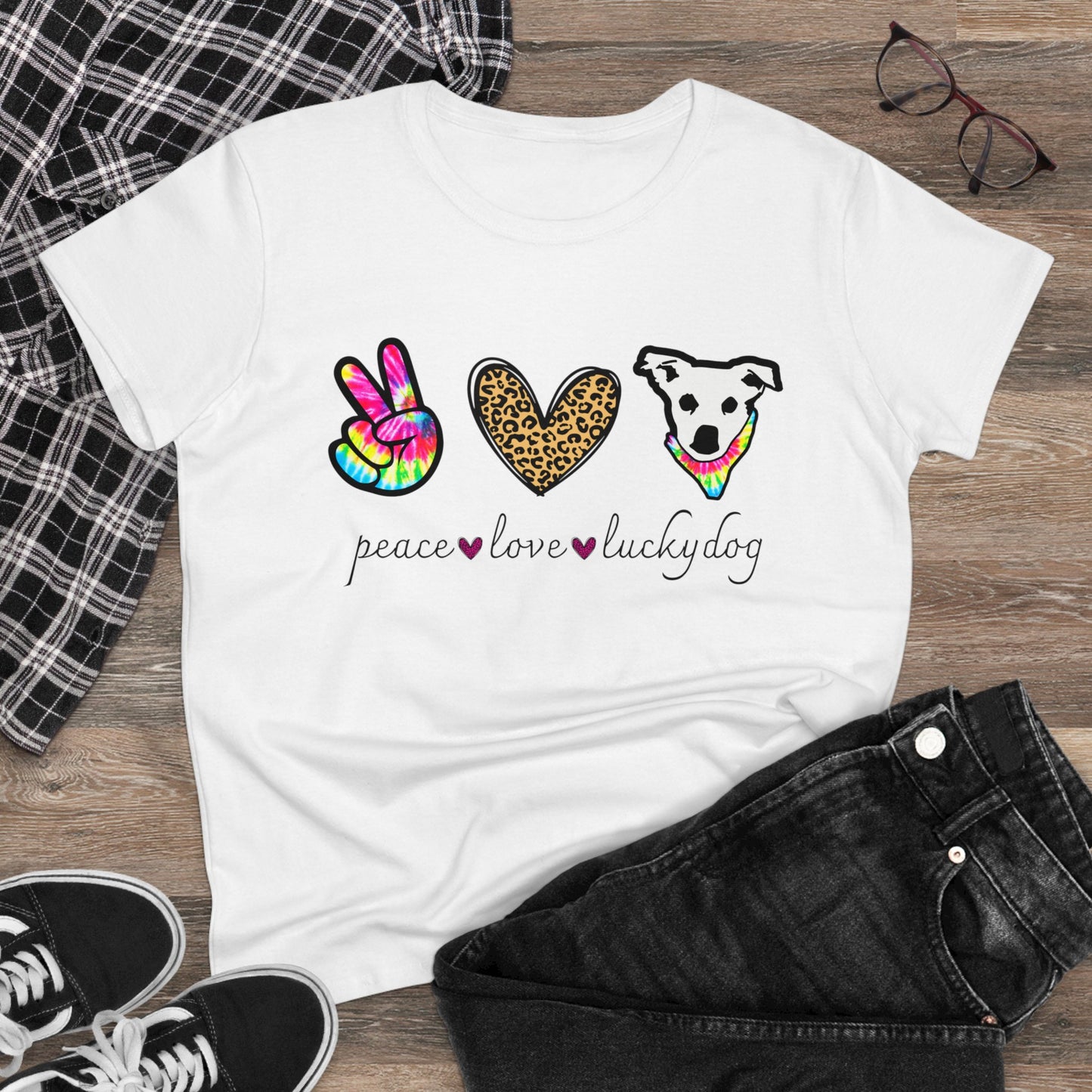 Lucky Dog Guitars - Ladies T - Peace Love & Lucky Dog - Girls Womens Cut Semi-Fitted T-shirt Tee USA