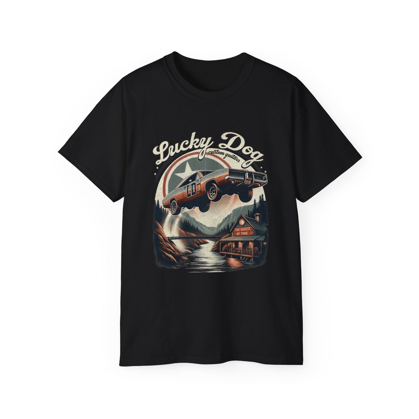Lucky Dog Guitars - Dukes of Tone - Country music Tennessee T-shirt Mountain Charger vintage General Lee truck guitar hotrod Waylon USA