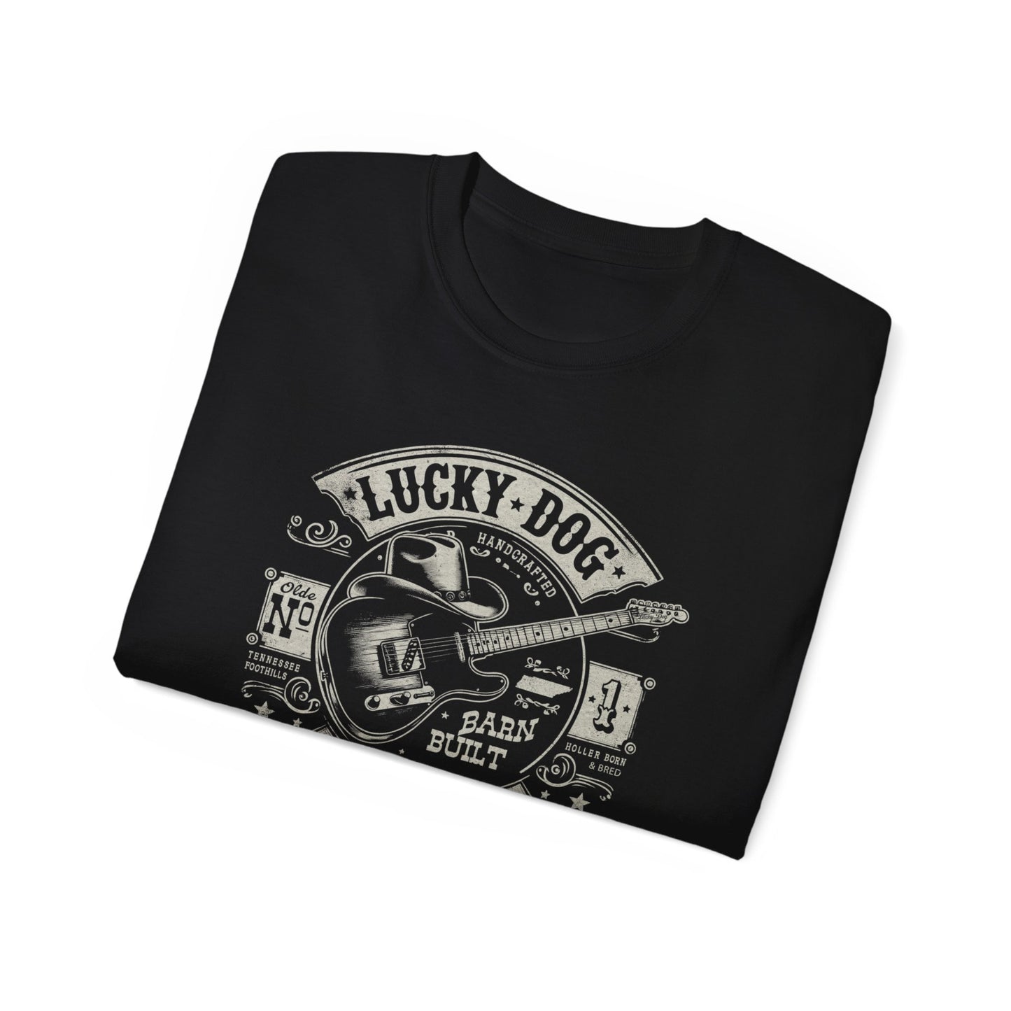 Lucky Dog Guitars - Barn Built Holler Born Bred Country music Tennessee T-shirt Mountain Charger vintage Outlaw Guitars Waylon USA