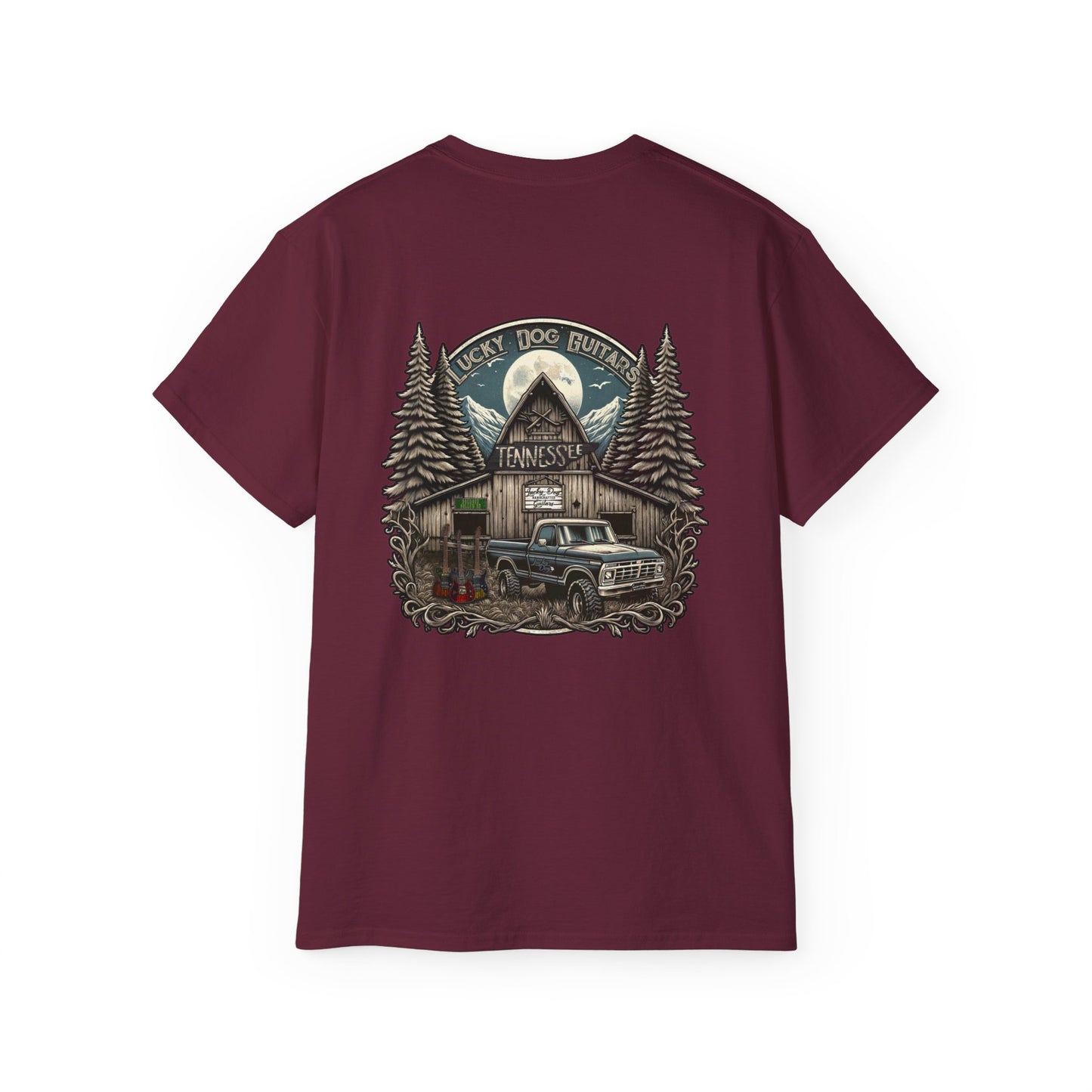 Lucky Dog Guitars "Barn Built" Tennessee T-shirt Mountain Hollow moon outdoors vintage Ford pickup truck custom guitar USA