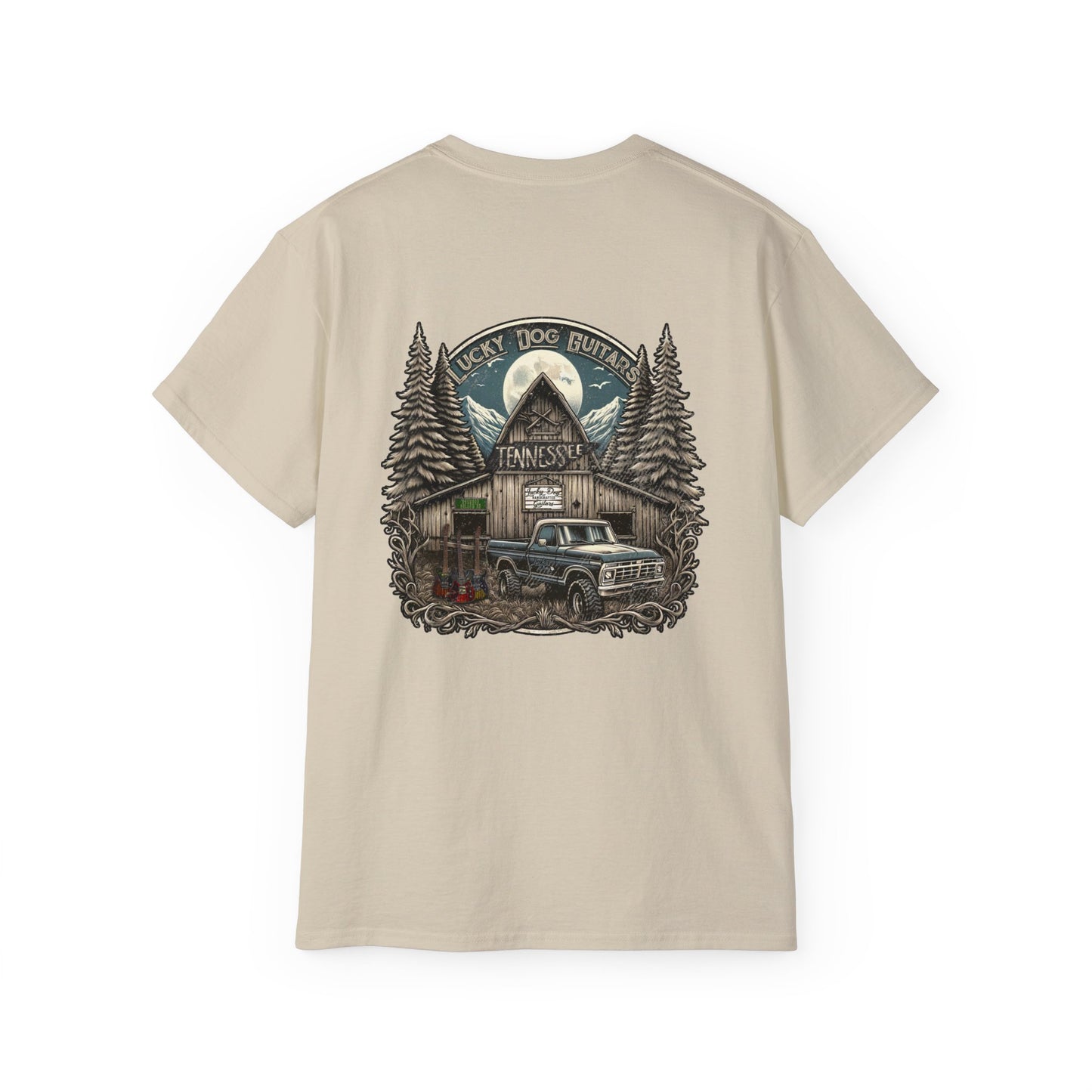 Lucky Dog Guitars "Barn Built" Tennessee T-shirt Mountain Hollow moon outdoors vintage Ford pickup truck custom guitar USA