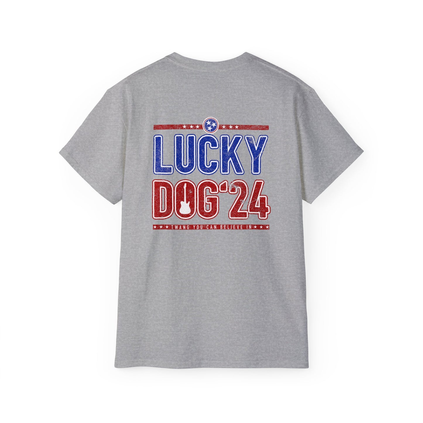 Lucky Dog Guitars 2024 BACK print Twang You Can Believe In T-shirt Tennessee Custom Band Country Music Election USA