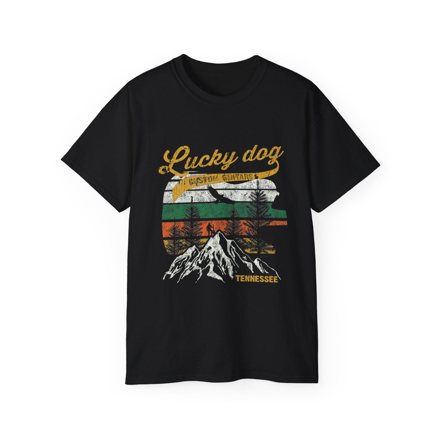 Lucky Dog 2020 (FRONT PRINT) Foothills Mountain Man Guitars Retro T-shirt Custom Guitar Tennessee USA