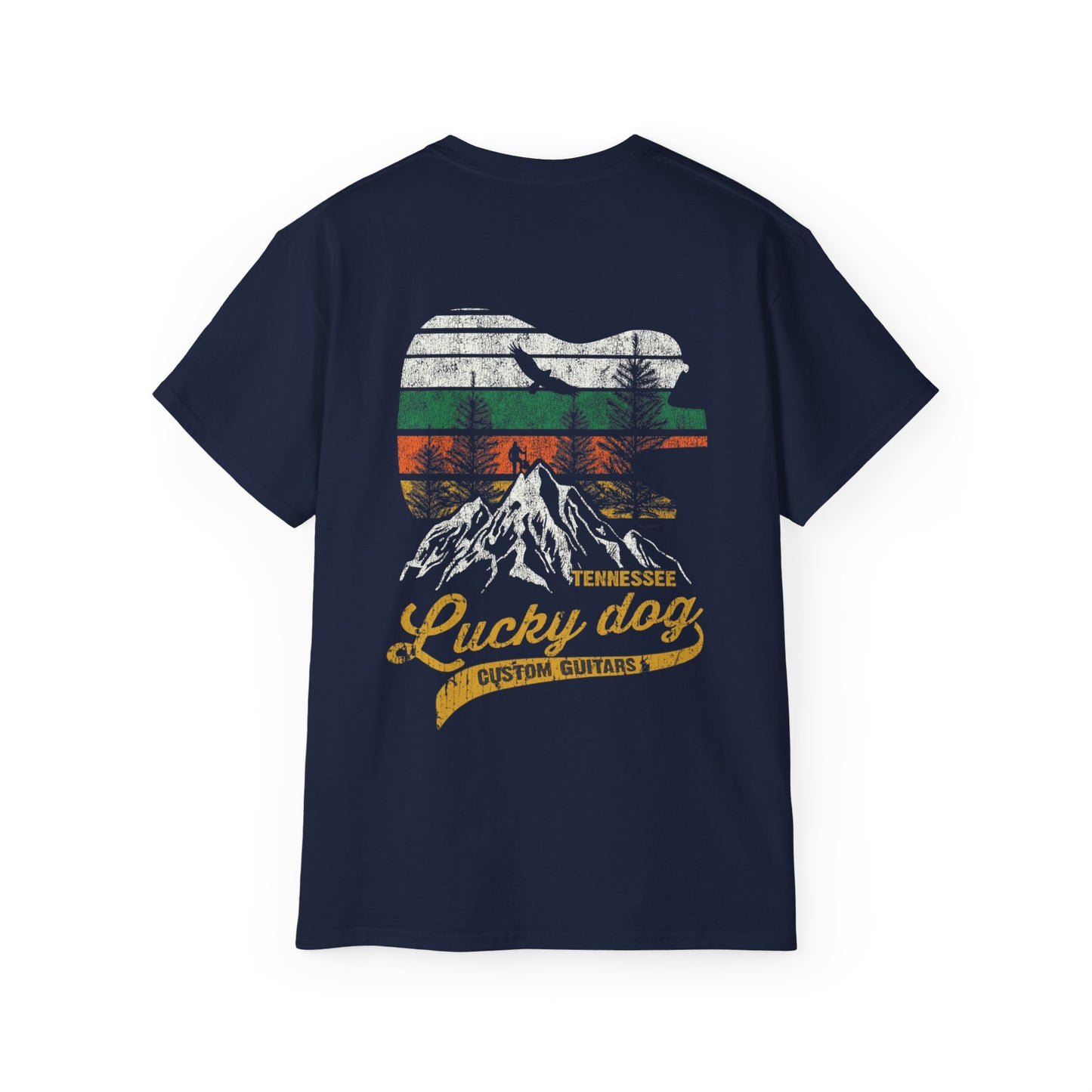 Lucky Dog 2020 (BACK PRINT) Foothills Mountain Man Guitars Retro T-shirt Custom Guitar Tennessee USA