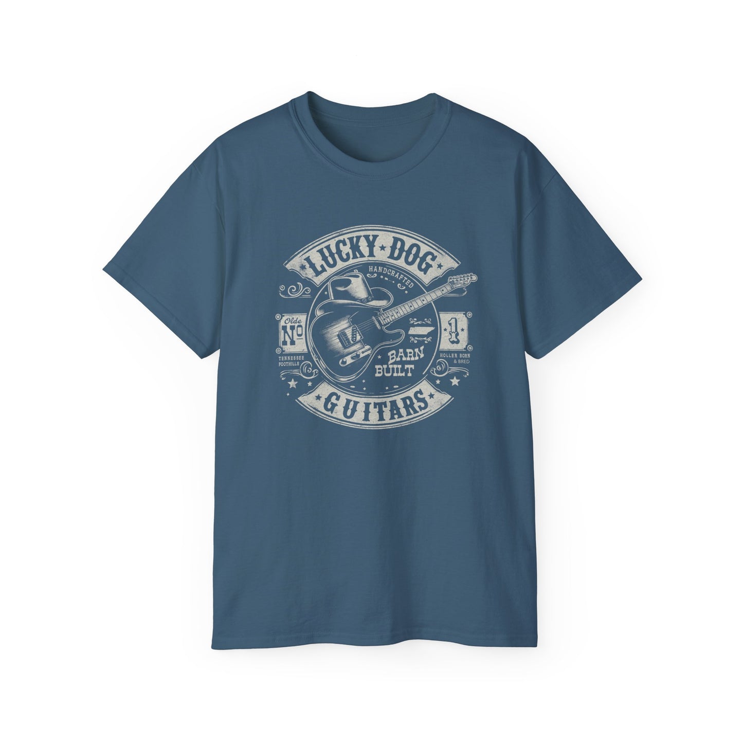 Lucky Dog Guitars - Barn Built Holler Born Bred Country music Tennessee T-shirt Mountain Charger vintage Outlaw Guitars Waylon USA