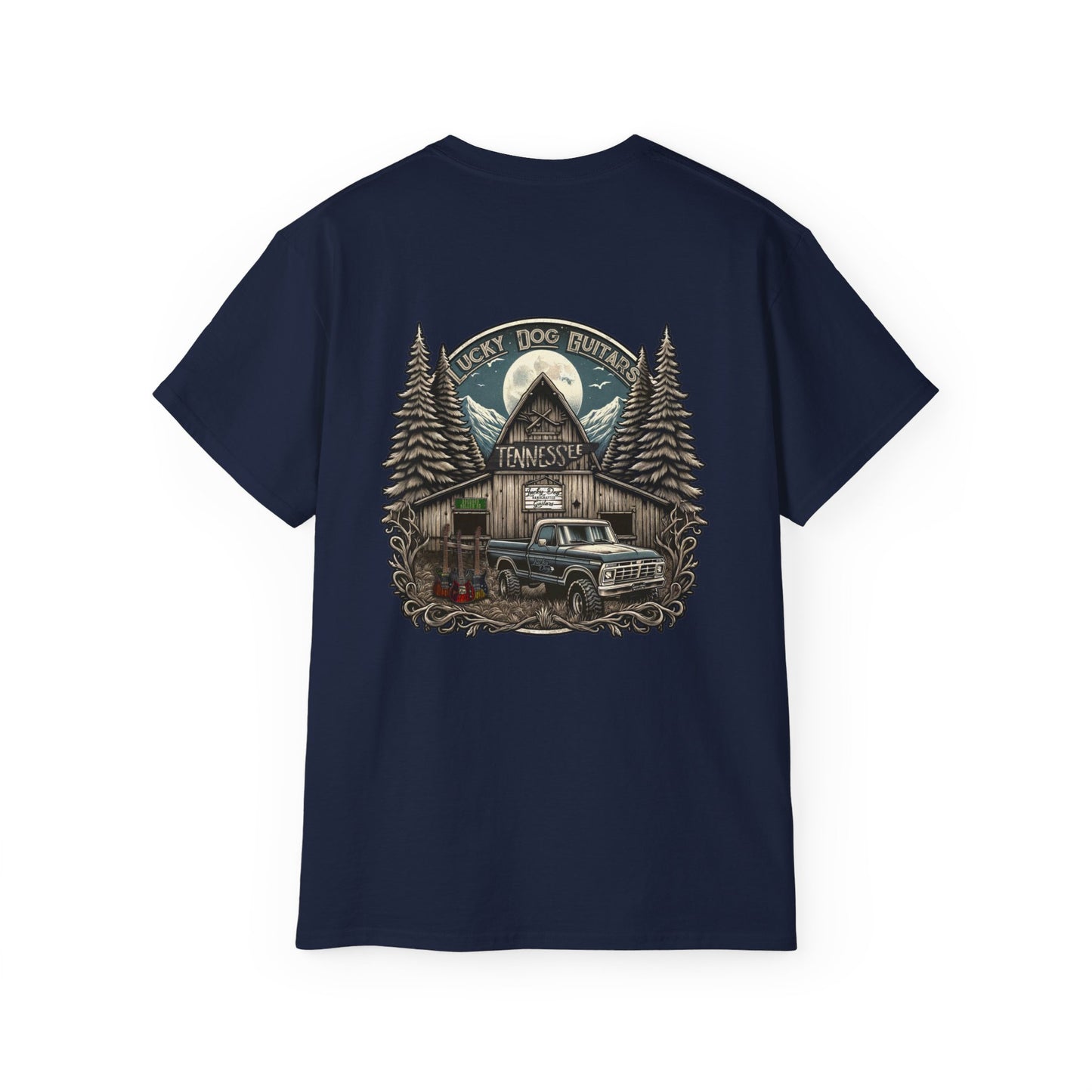 Lucky Dog Guitars "Barn Built" Tennessee T-shirt Mountain Hollow moon outdoors vintage Ford pickup truck custom guitar USA