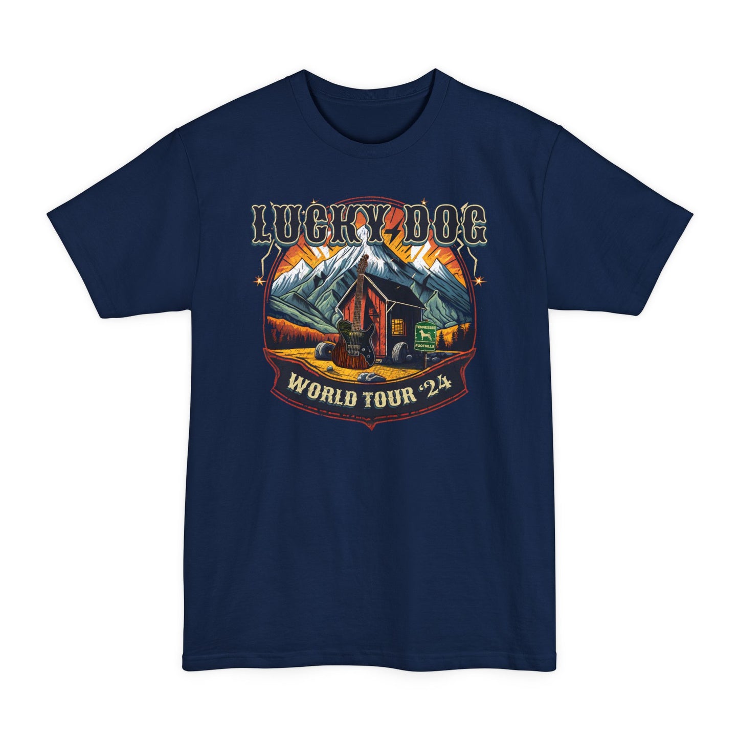 BIG & TALL Lucky Dog World Tour 2024 T-Shirt - Front and Back print 80's Rock Concert Dates Vintage Retro style USA