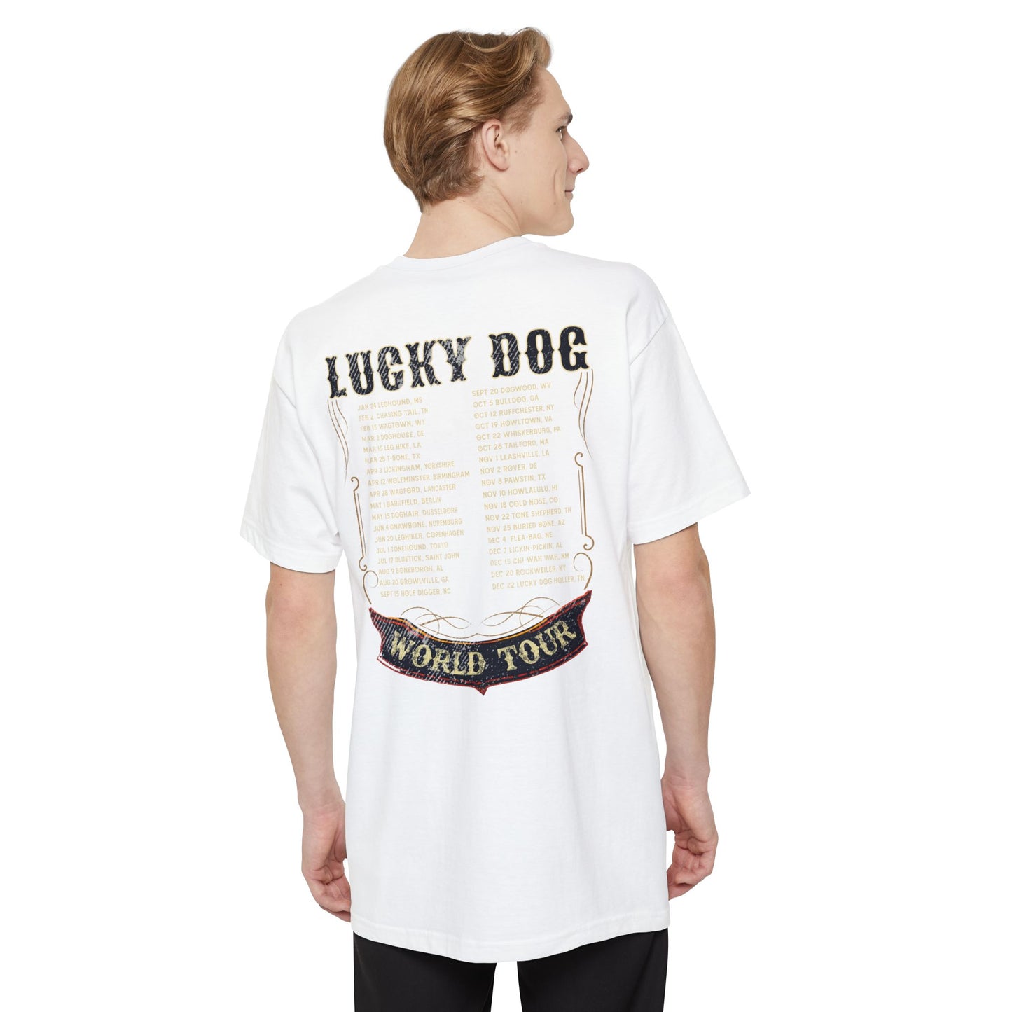 BIG & TALL Lucky Dog World Tour 2024 T-Shirt - Front and Back print 80's Rock Concert Dates Vintage Retro style USA