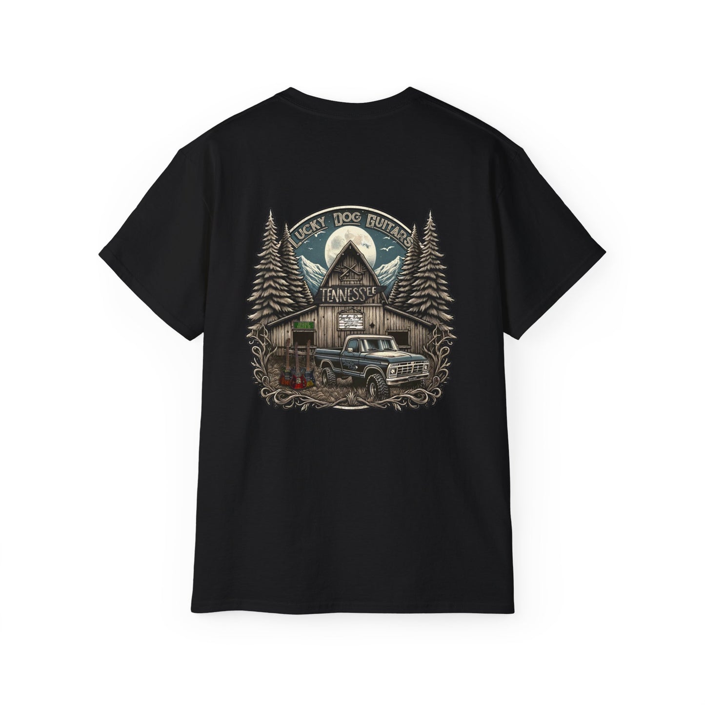 Lucky Dog Guitars "Barn Built" Tennessee T-shirt Mountain Hollow moon outdoors vintage Ford pickup truck custom guitar USA