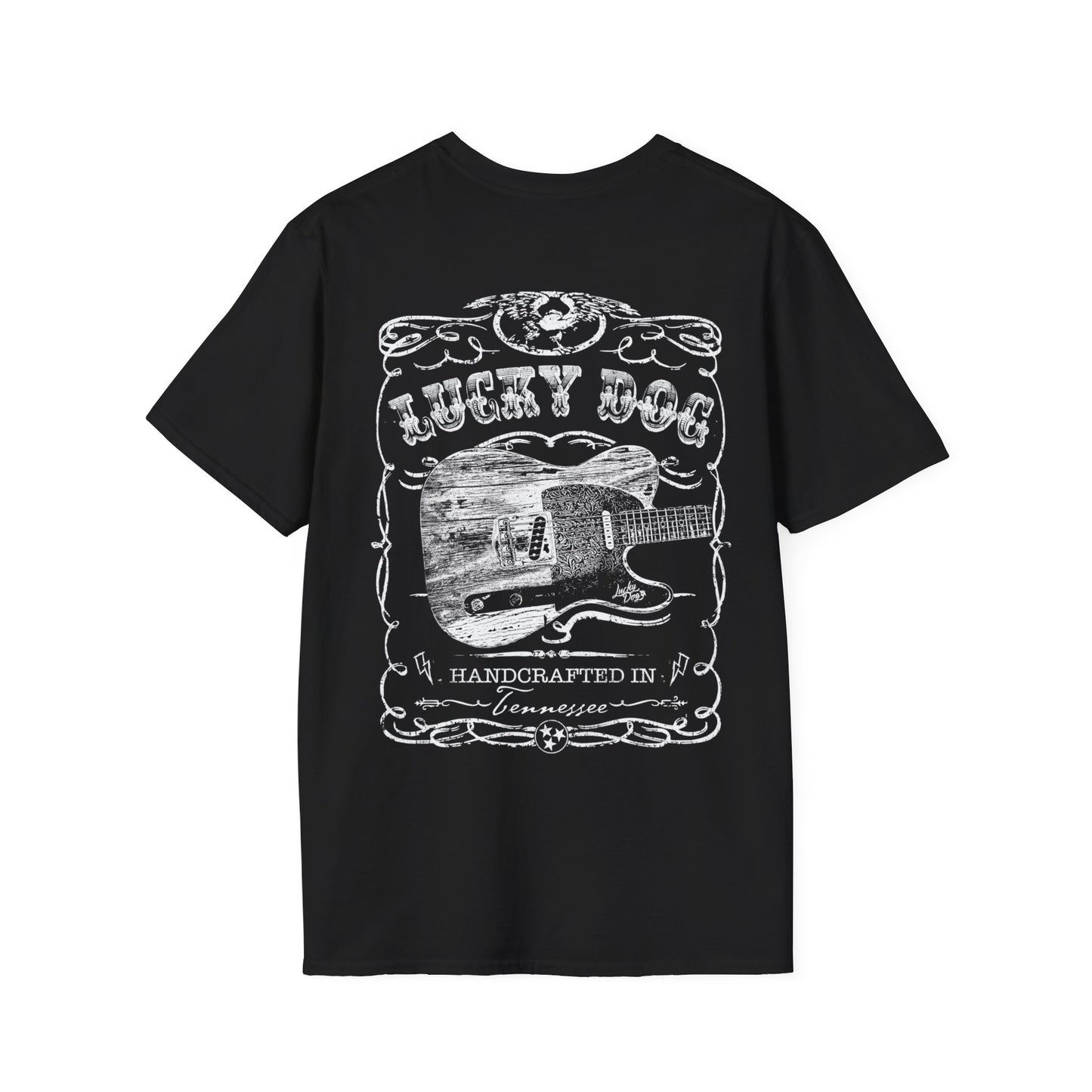 Australia Buyers only - Lucky Dog Custom Guitars Eagle Label T-shirt black Guitar Telecaster Lightning Greaser Rock-n-Roll USA Nashville