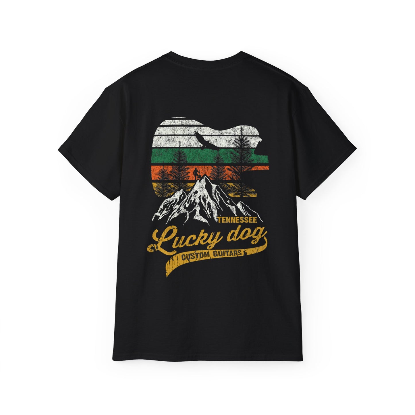 Lucky Dog 2020 (BACK PRINT) Foothills Mountain Man Guitars Retro T-shirt Custom Guitar Tennessee USA