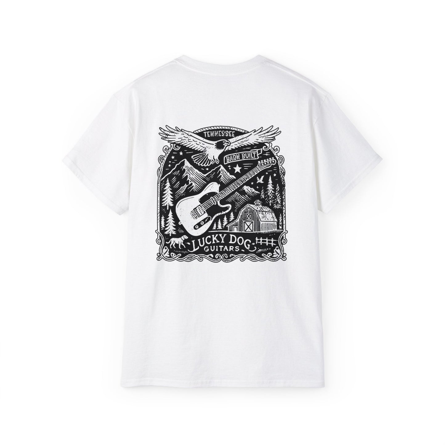 Lucky Dog Guitars 2024 BACK print Barn Built Eagle T-shirt Tennessee Custom Band Country Music Election USA